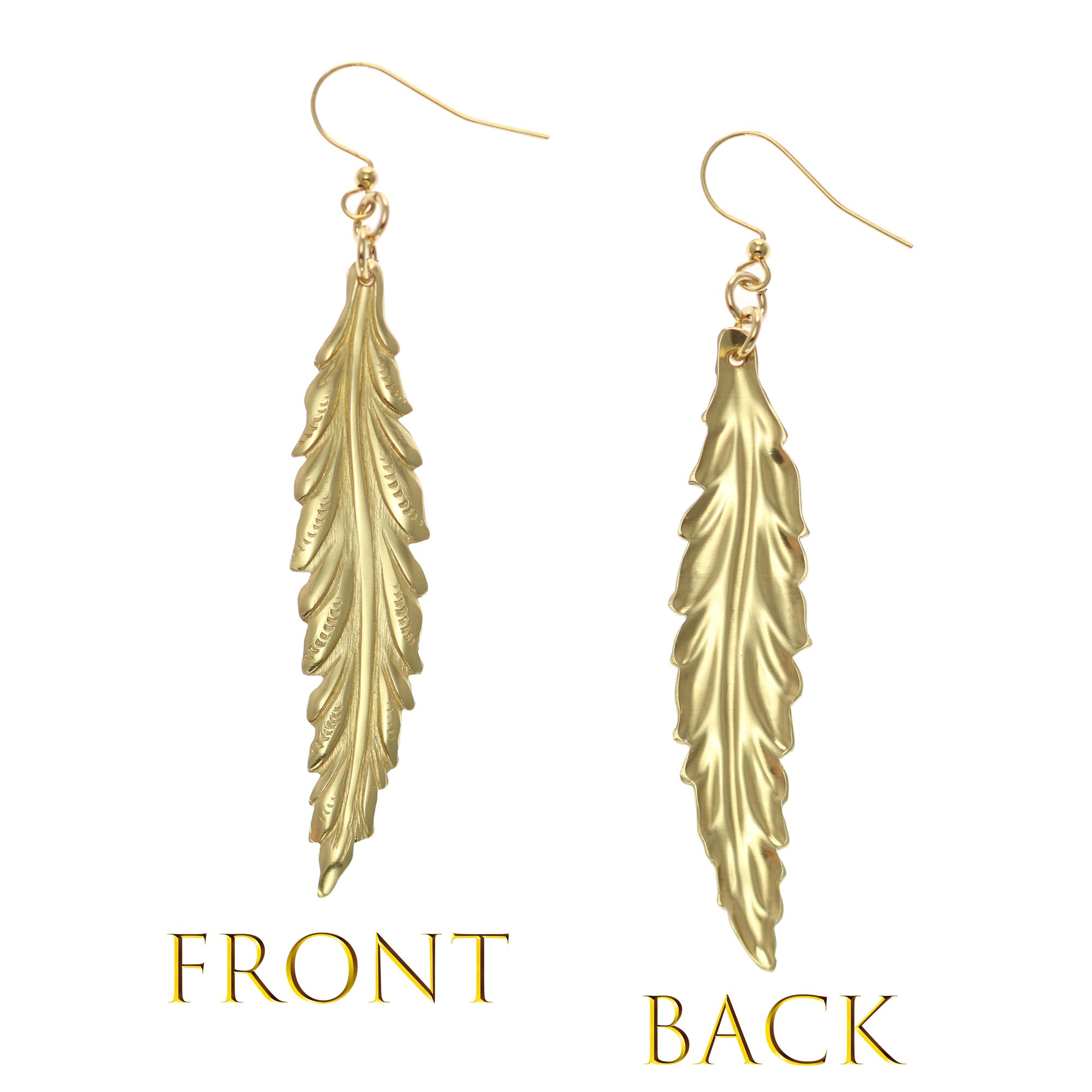 Long Feather Brass Nu Gold Drop Earrings