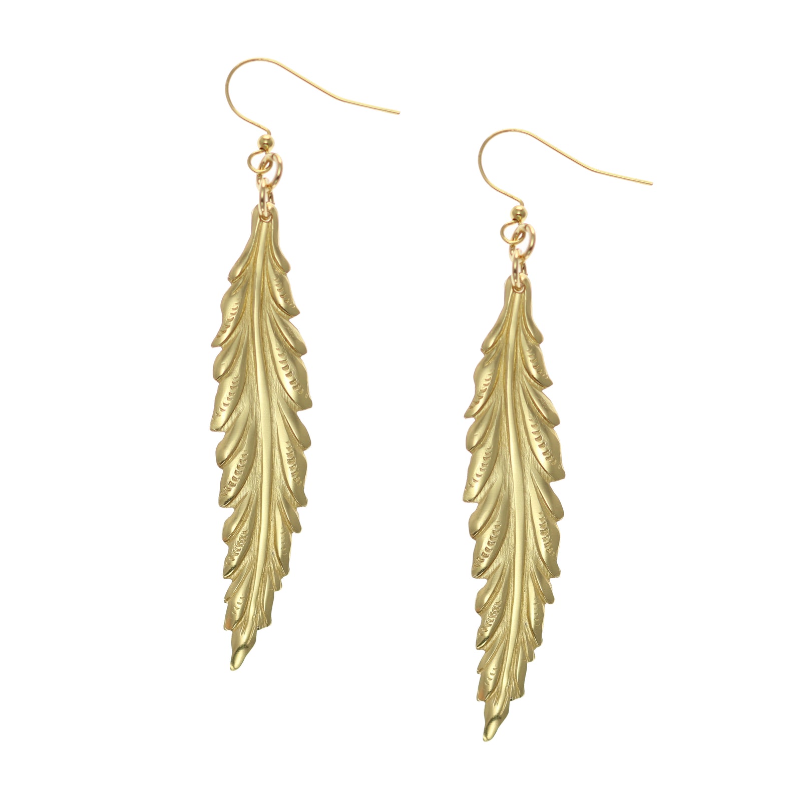 A Pair of Long Feather Brass Nu Gold Drop Earrings on a White Background