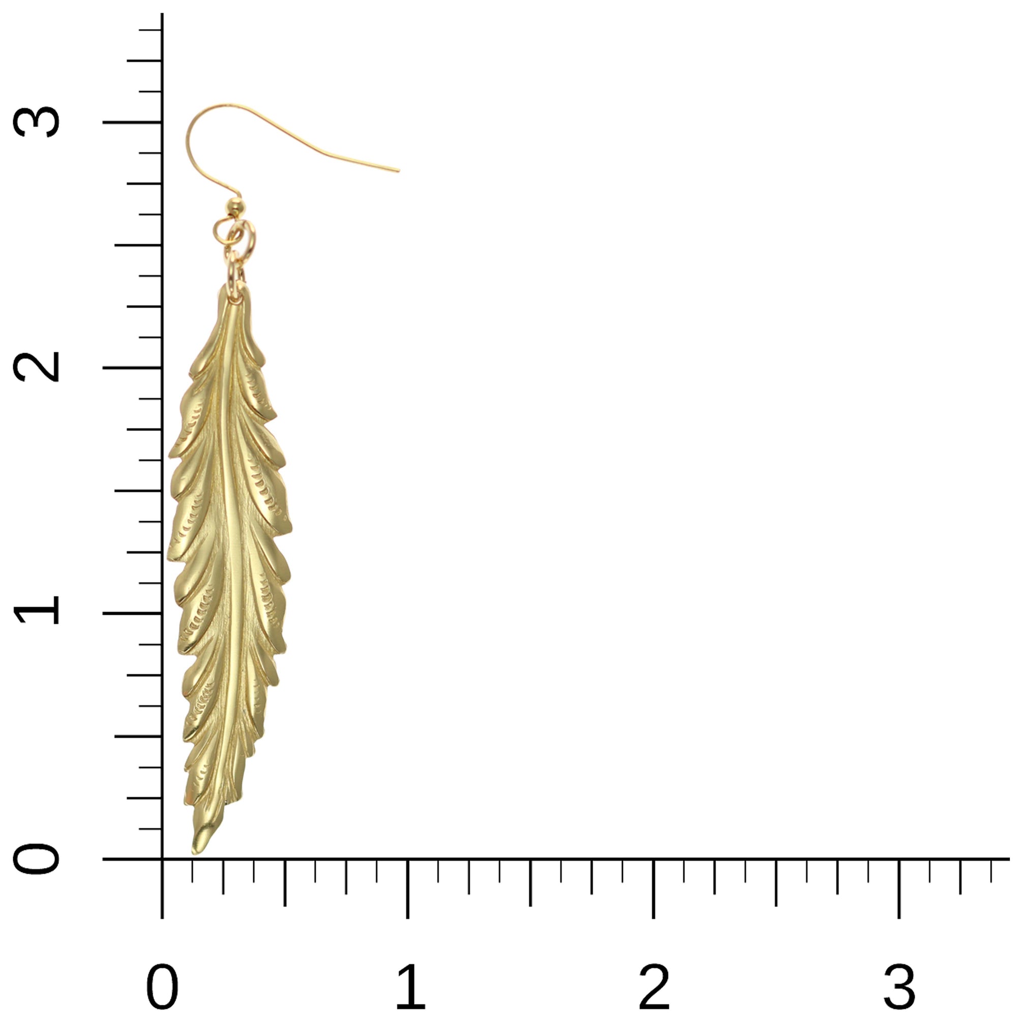 Long Feather Brass Nu Gold Drop Earrings on Ruler for Size Dimensions