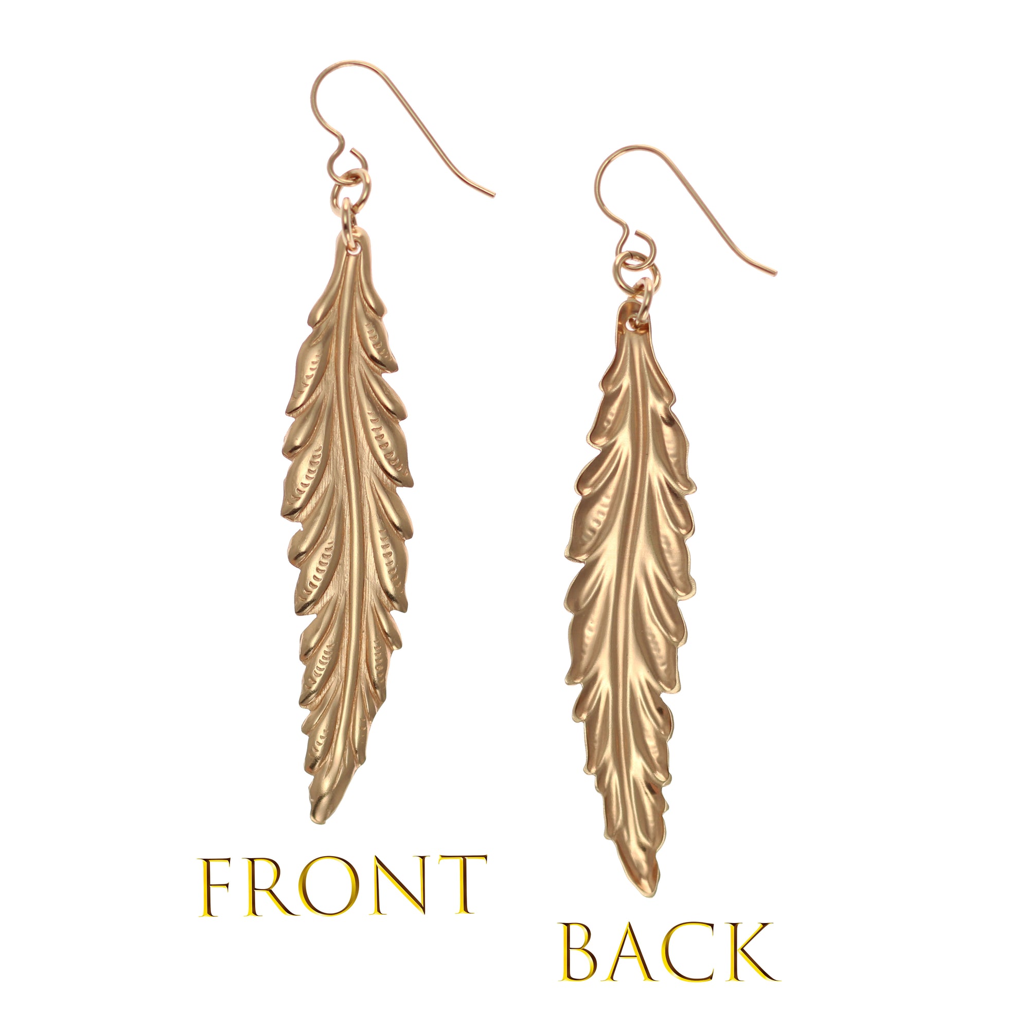 Long Feather Bronze Drop Earrings - Front and Back View