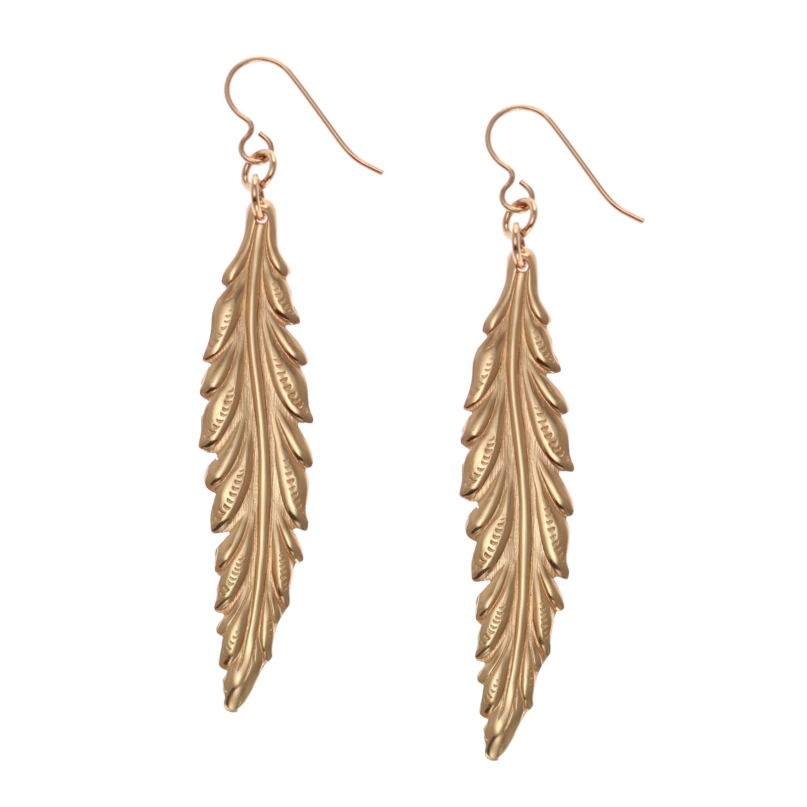 A Pair of Long Feather Bronze Drop Earrings on a White Background