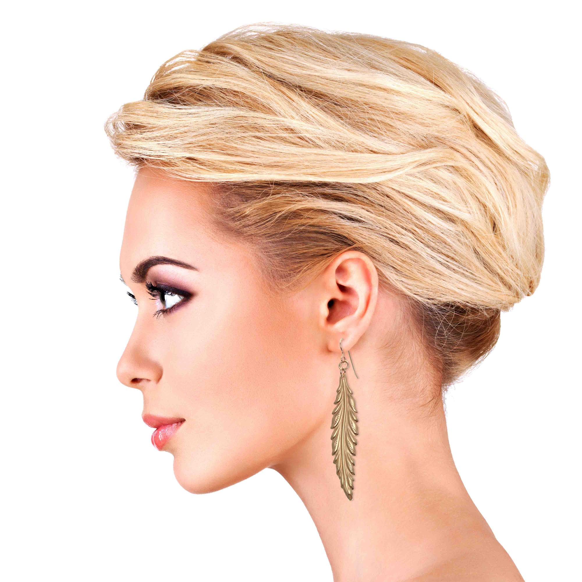 Elegant Blonde Woman Wearing Long Feather Bronze Drop Earrings