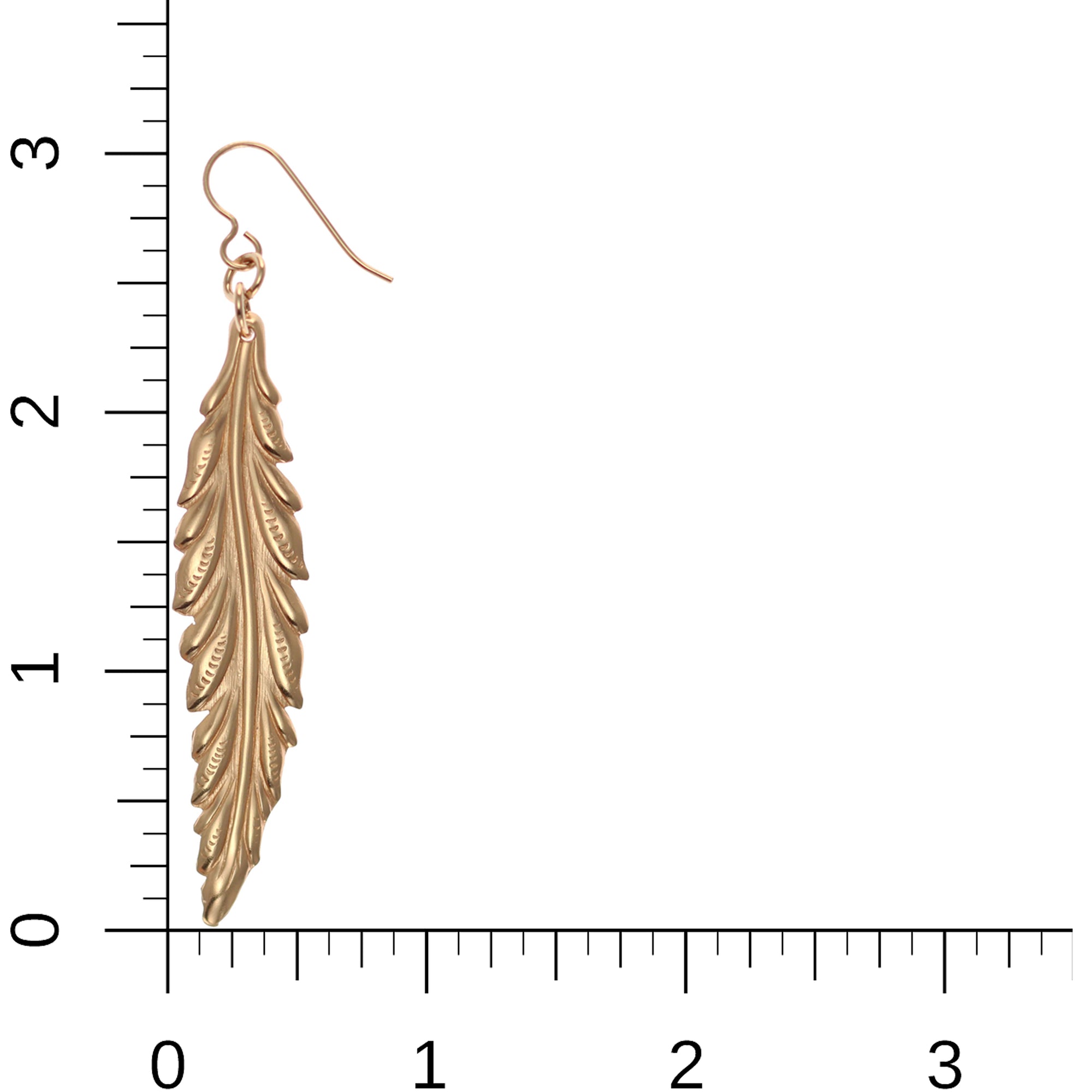 Long Feather Bronze Drop Earrings - On Ruler for Size Dimensions