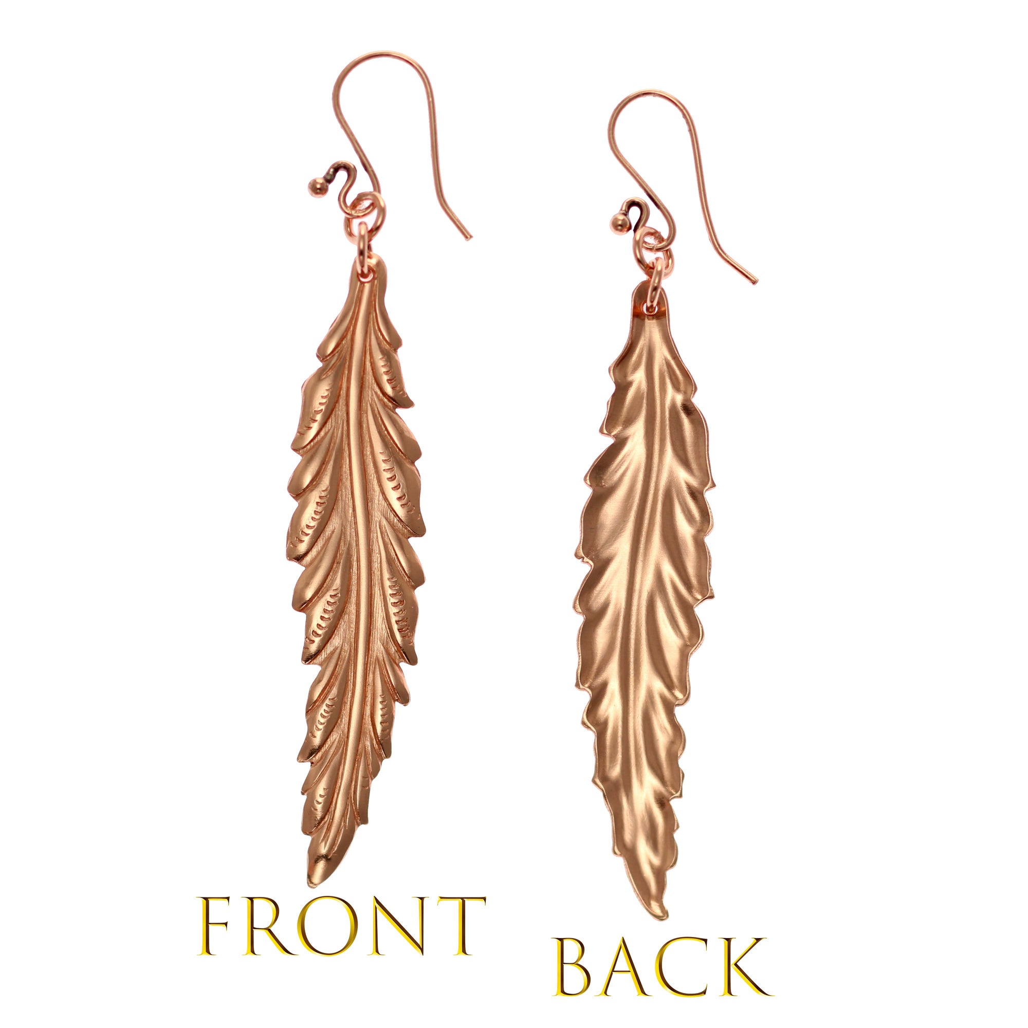 Long Feather Copper Drop Earrings Front and Back Views