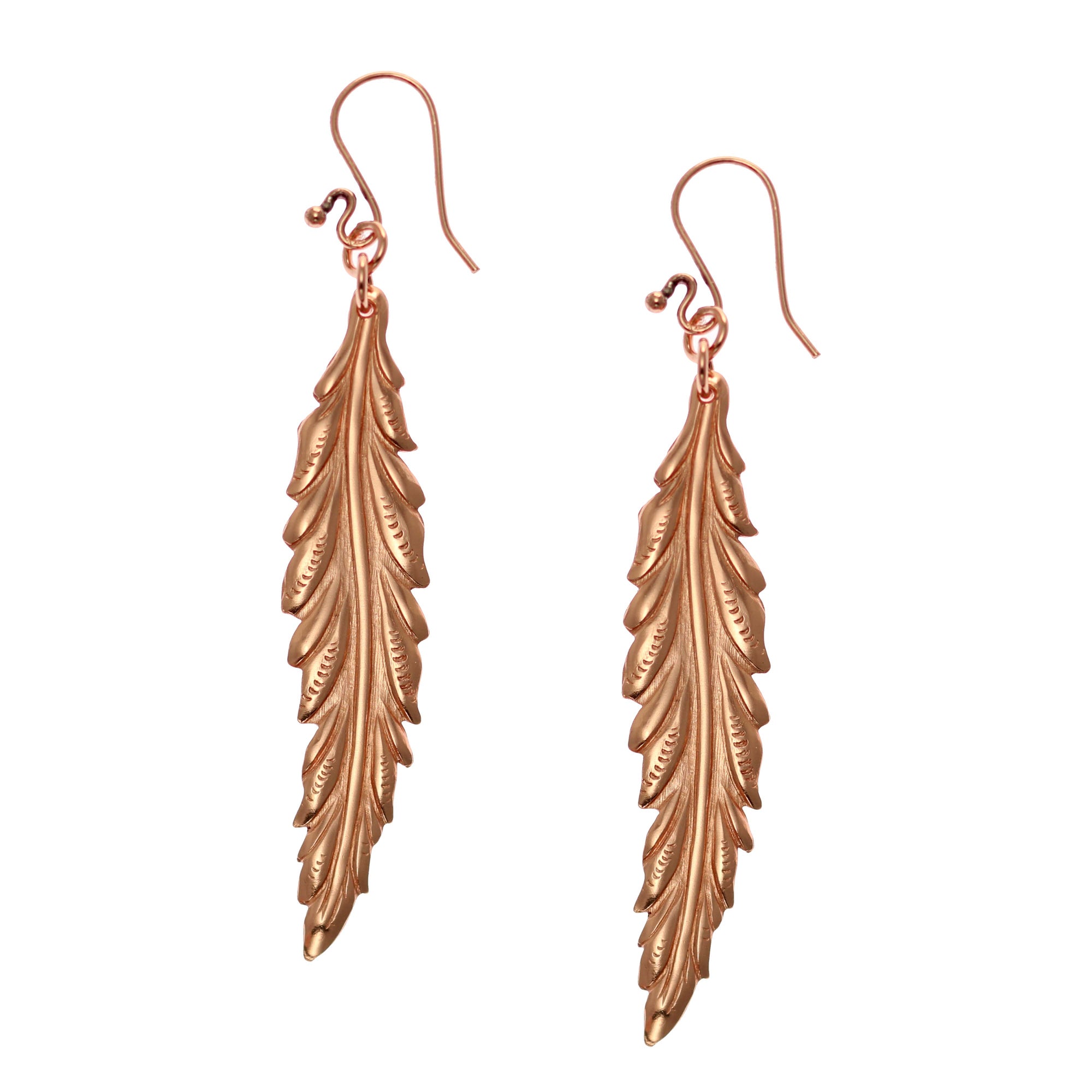 Long Feather Copper Drop Earrings