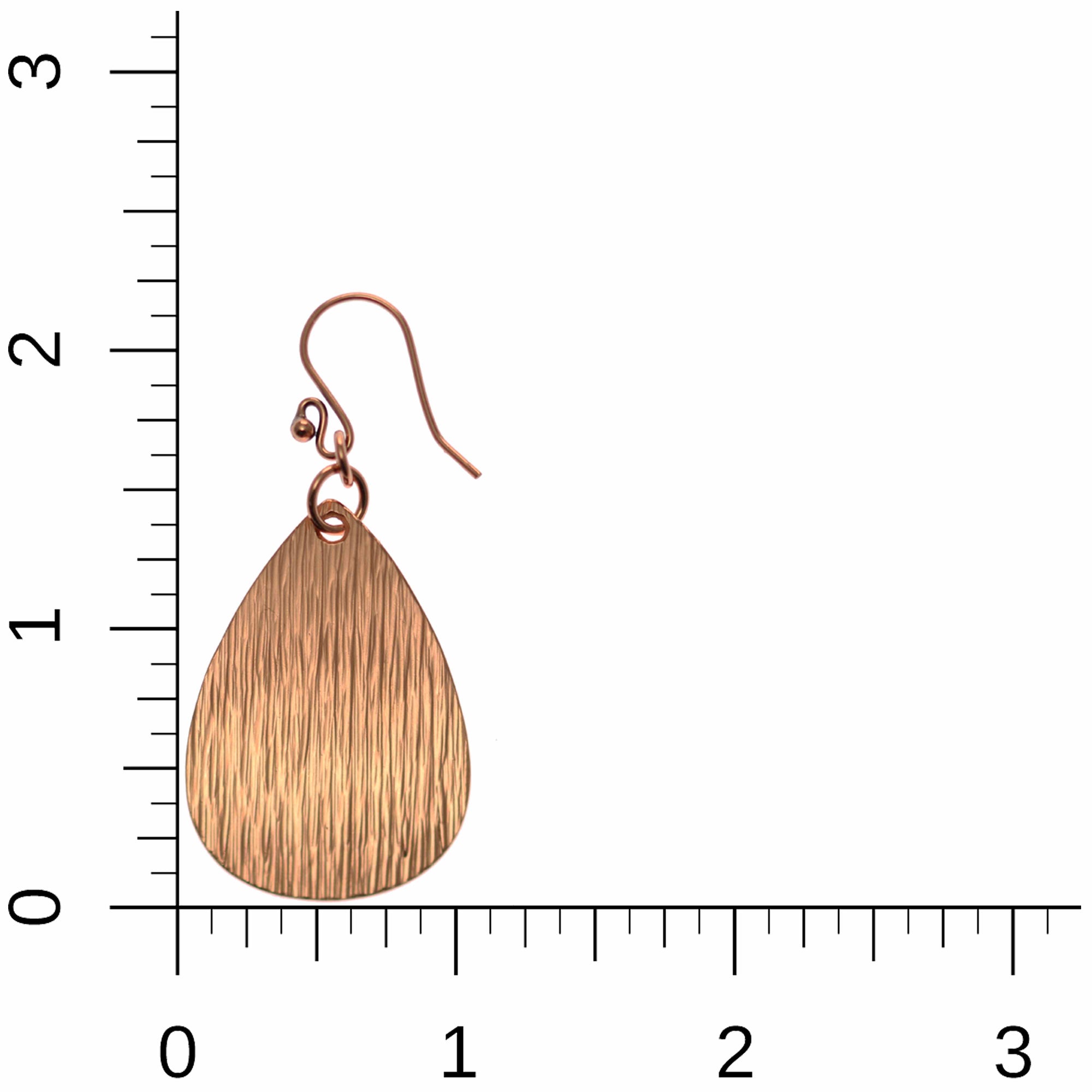 Medium Bark Embossed Copper Teardrop Earrings on Ruler for Size Dimensions