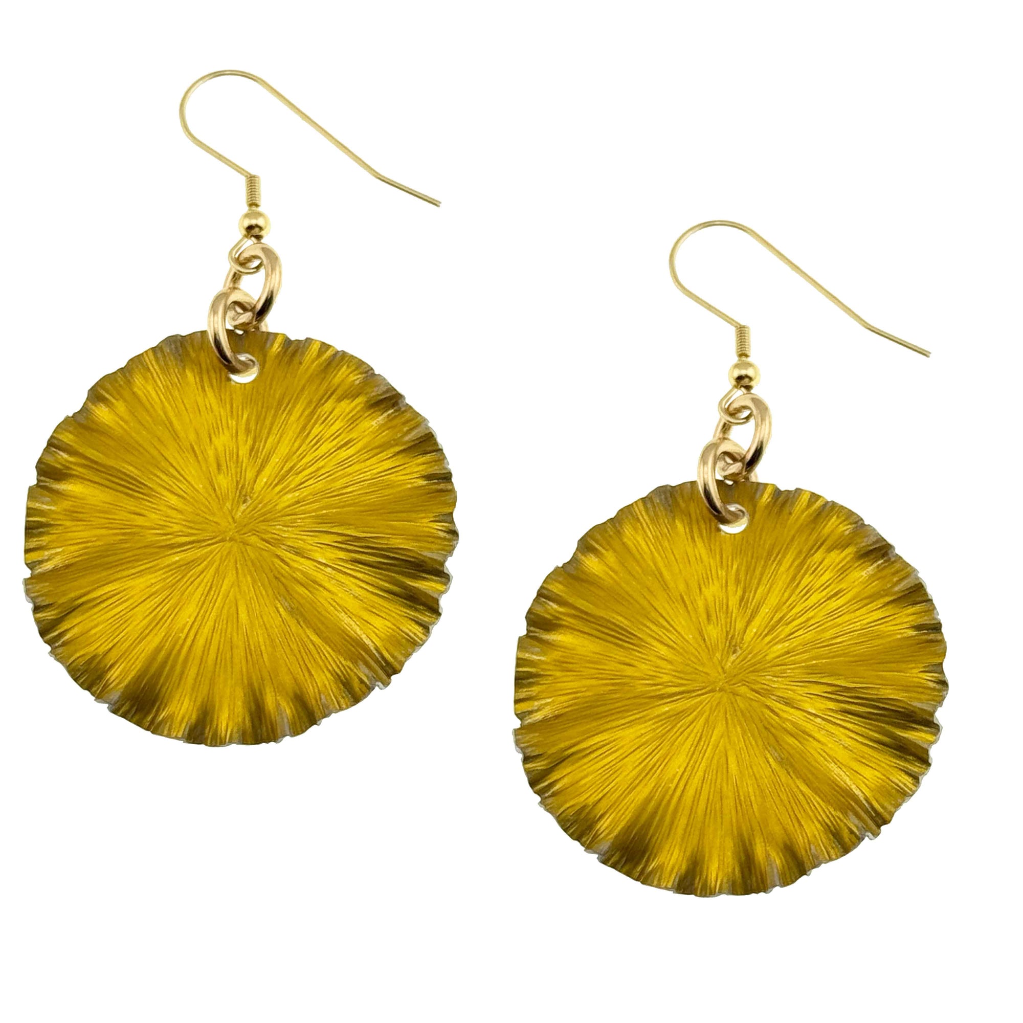 A Pair of Medium Canary Yellow Anodized Aluminum Lily Pad Earrings on a White Background