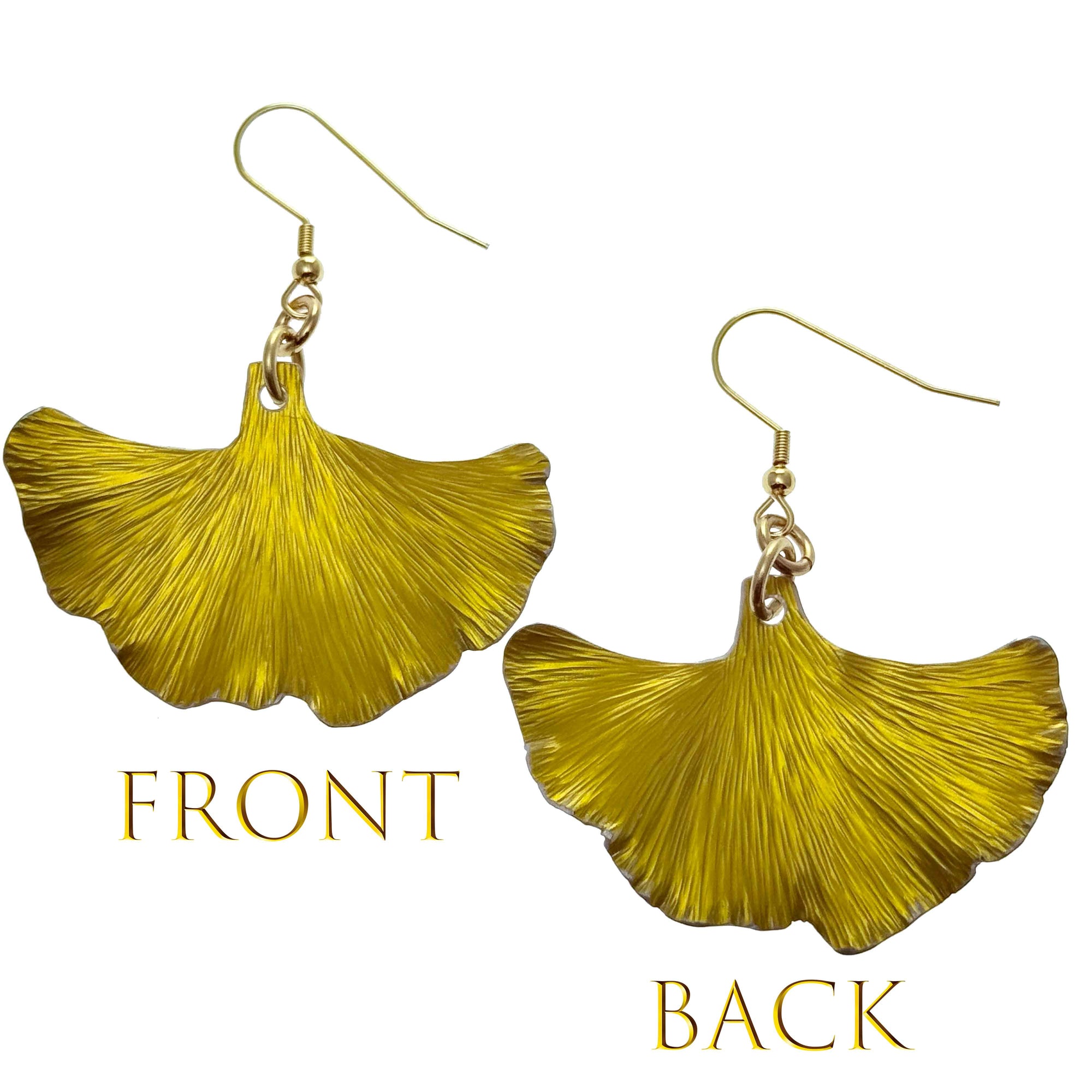 Front and Back Views of Medium Canary Yellow Anodized Ginkgo Leaf Earrings