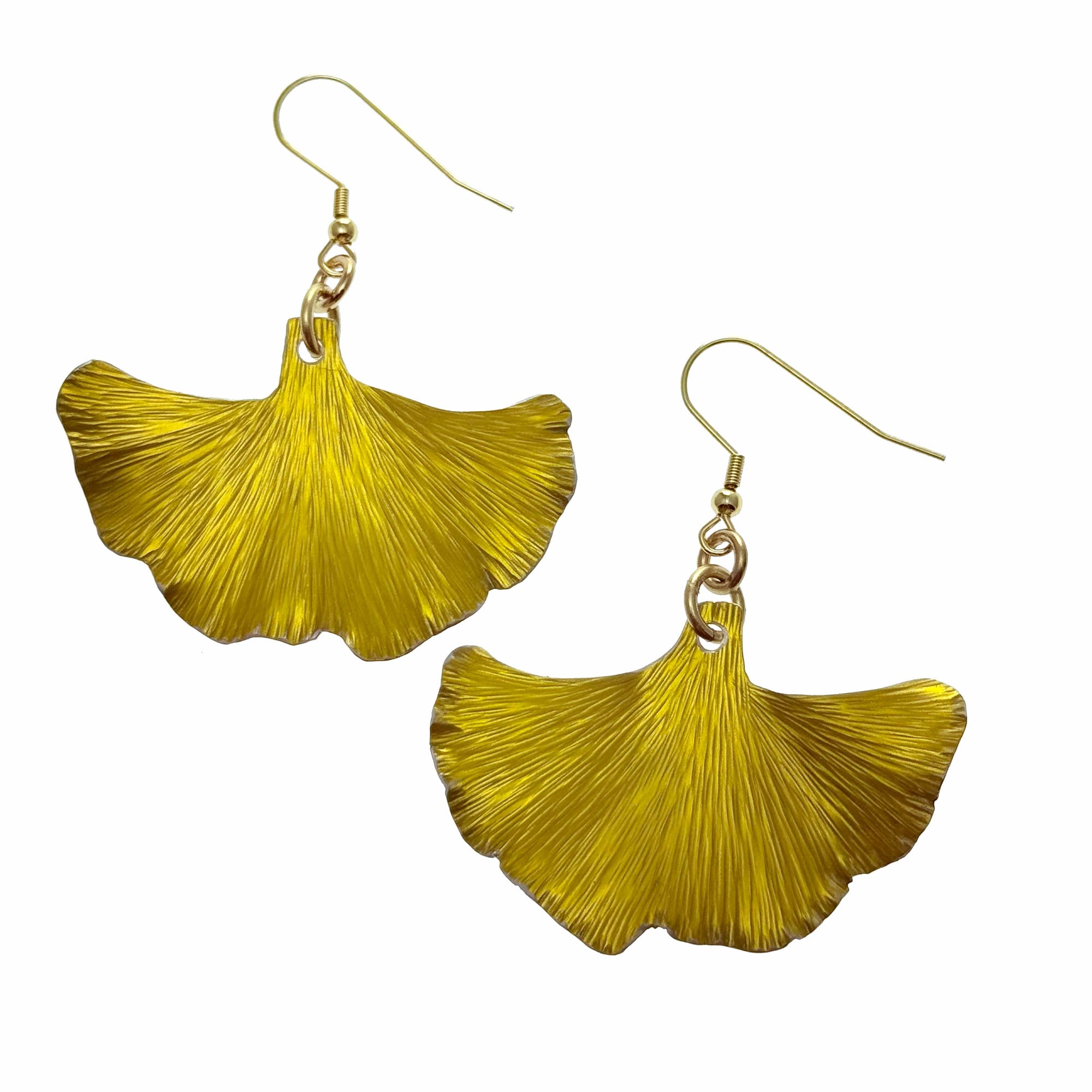 A Pair of Medium Canary Yellow Anodized Ginkgo Leaf Earrings on a White Background