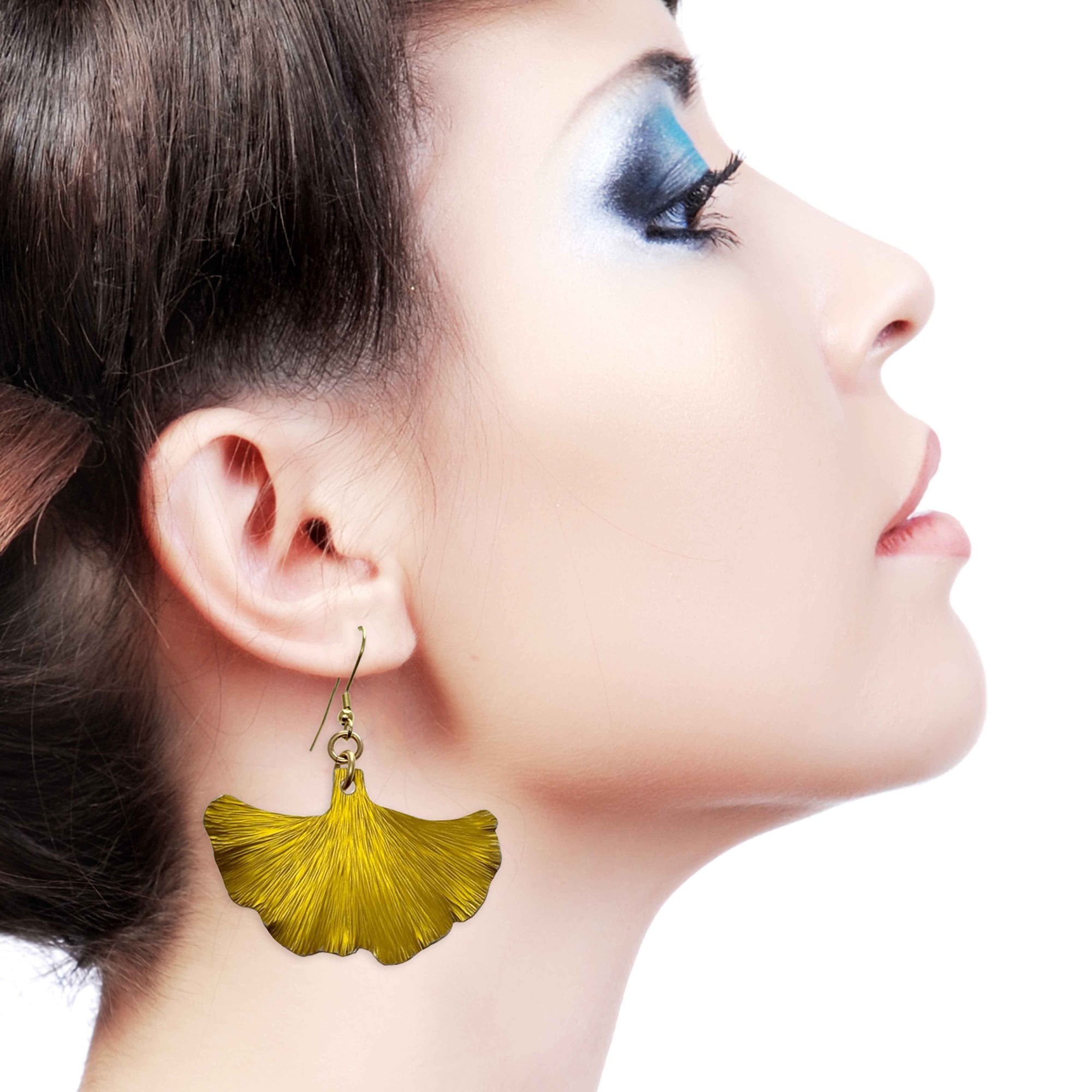 A Stunning Woman Wearing Medium Canary Yellow Anodized Ginkgo Leaf Earrings