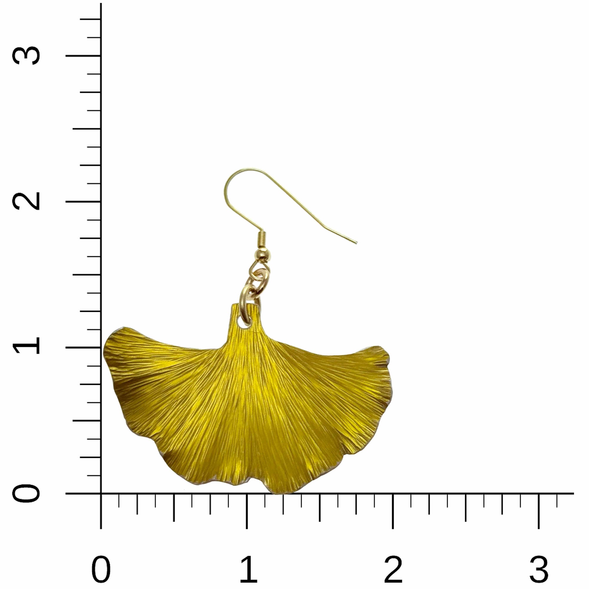 Medium Canary Yellow Anodized Ginkgo Leaf Earrings on a Ruler for Size Dimensions