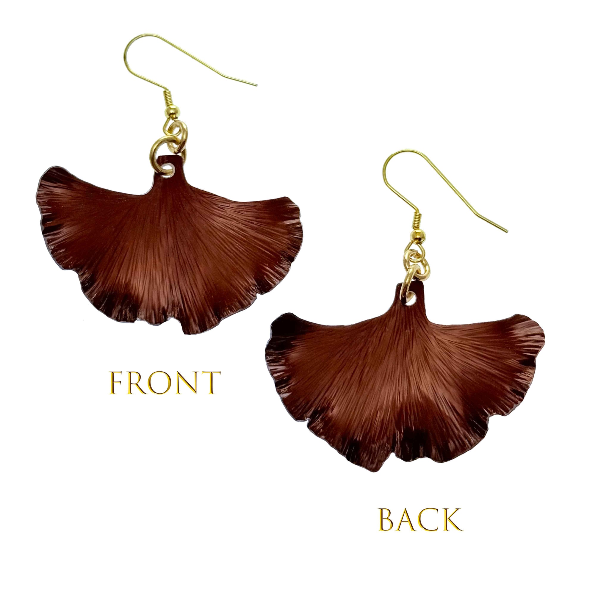 Front and Back Views of Medium Henna Brown Anodized Ginkgo Leaf Earrings