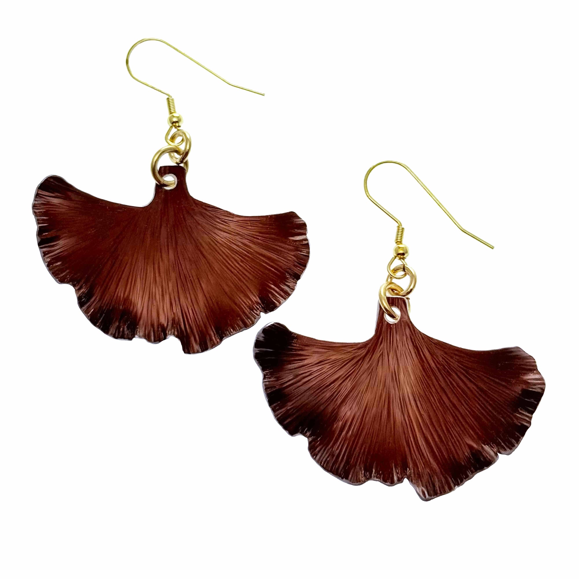 A Pair of Medium Henna Brown Anodized Ginkgo Leaf Earrings on a White Background