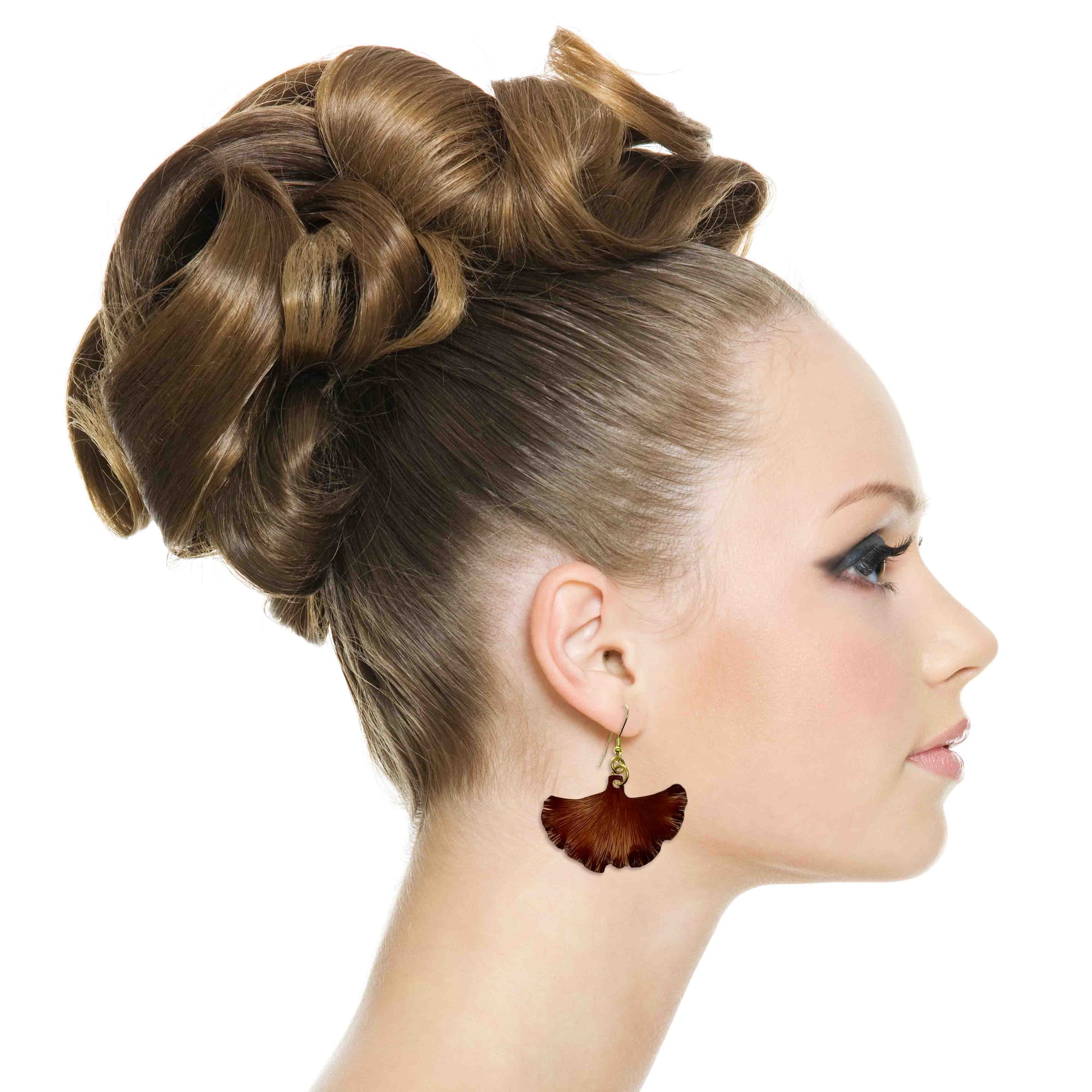 A Chic Woman Wearing Medium Henna Brown Anodized Ginkgo Leaf Earrings