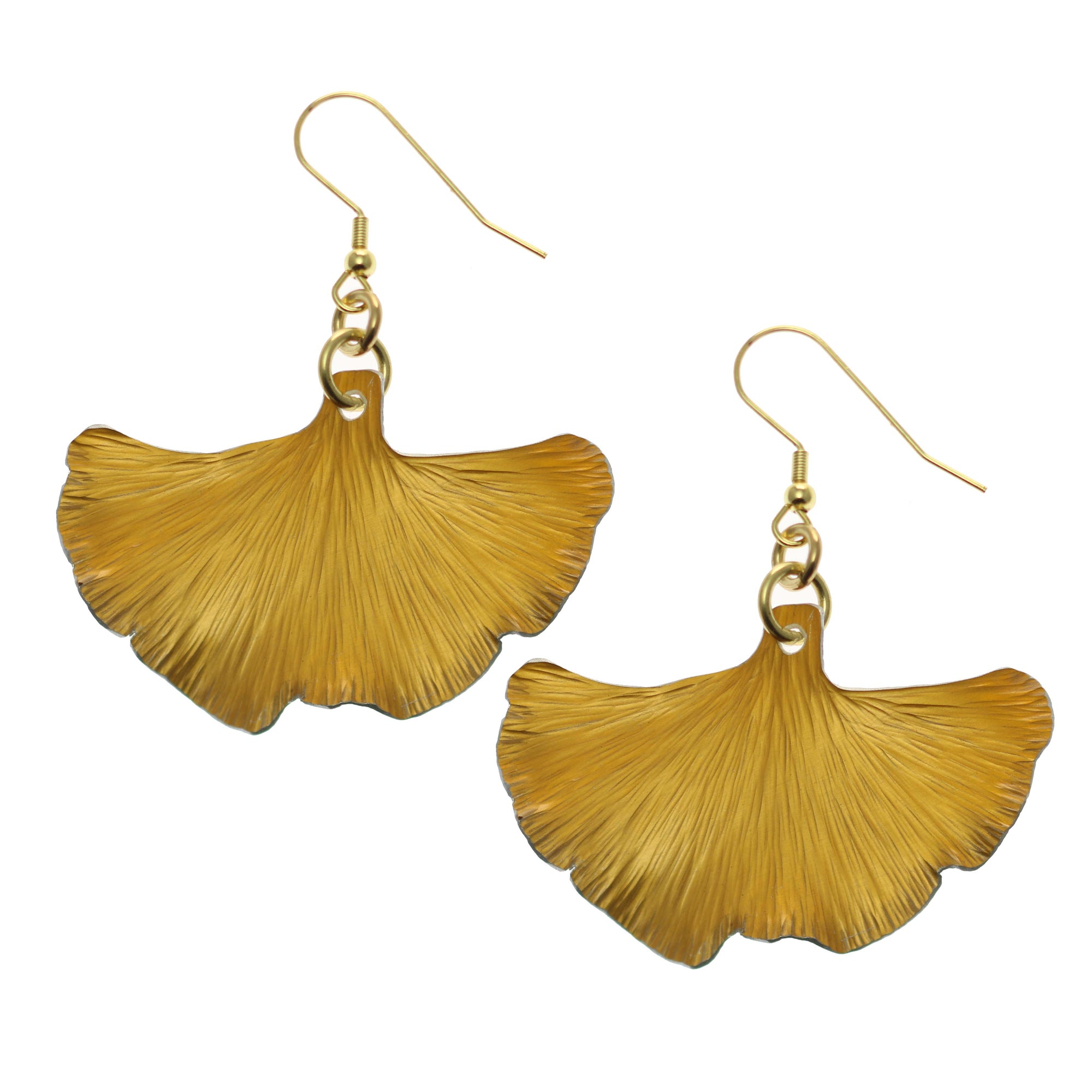 A Pair of Medium Light Orange Anodized Ginkgo Leaf Drop Earrings on a White Background