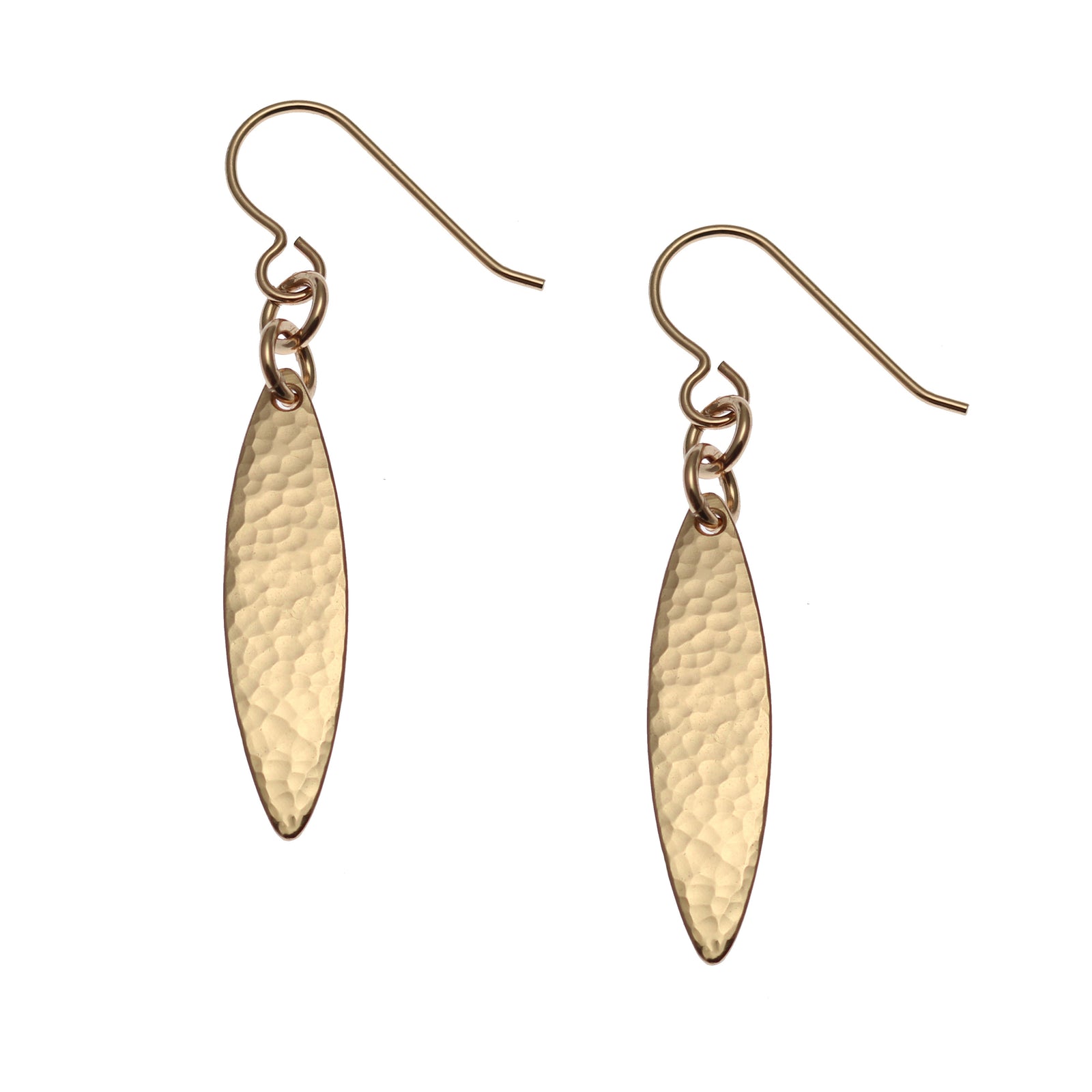 A Pair of Mini Marquise Hammered Bronze Drop Earrings on a White Background