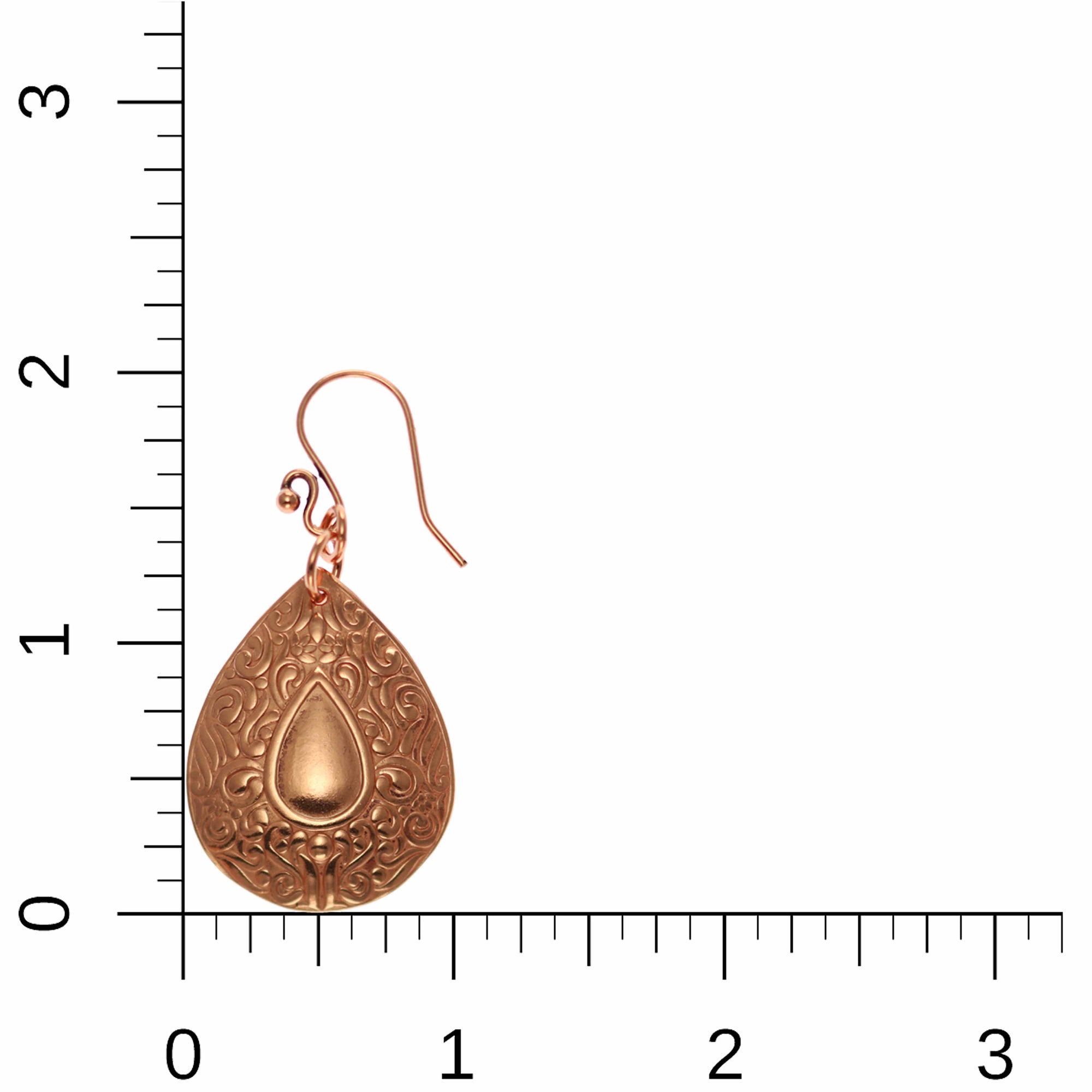 Ornate Mandala Teardrop Copper Earrings  - On Ruler for Size Dimensions