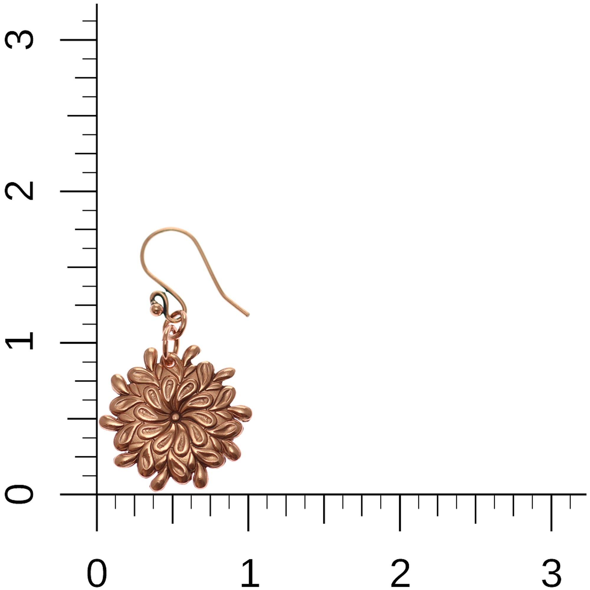 Paisley Burst Copper Drop Earrings on Ruler for Size Dimensions