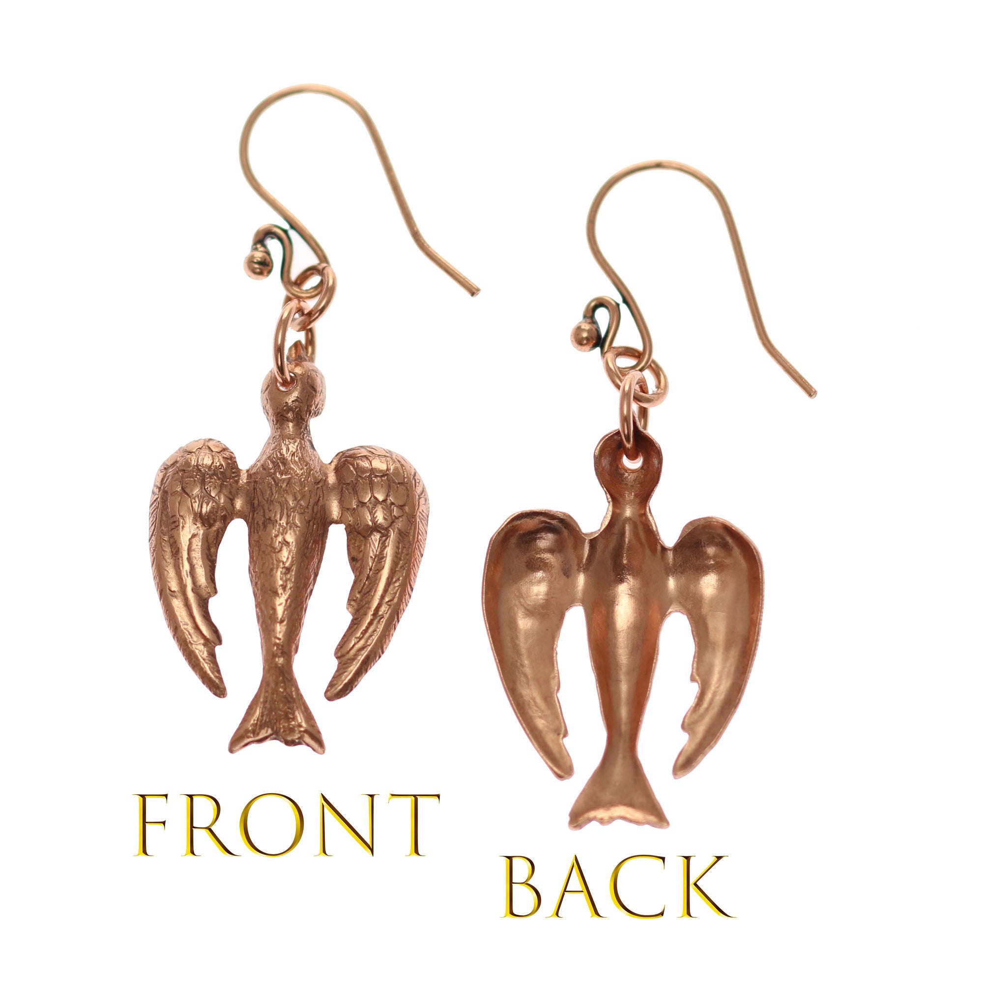 Peace Dove Copper Drop Earrings Front and Back View