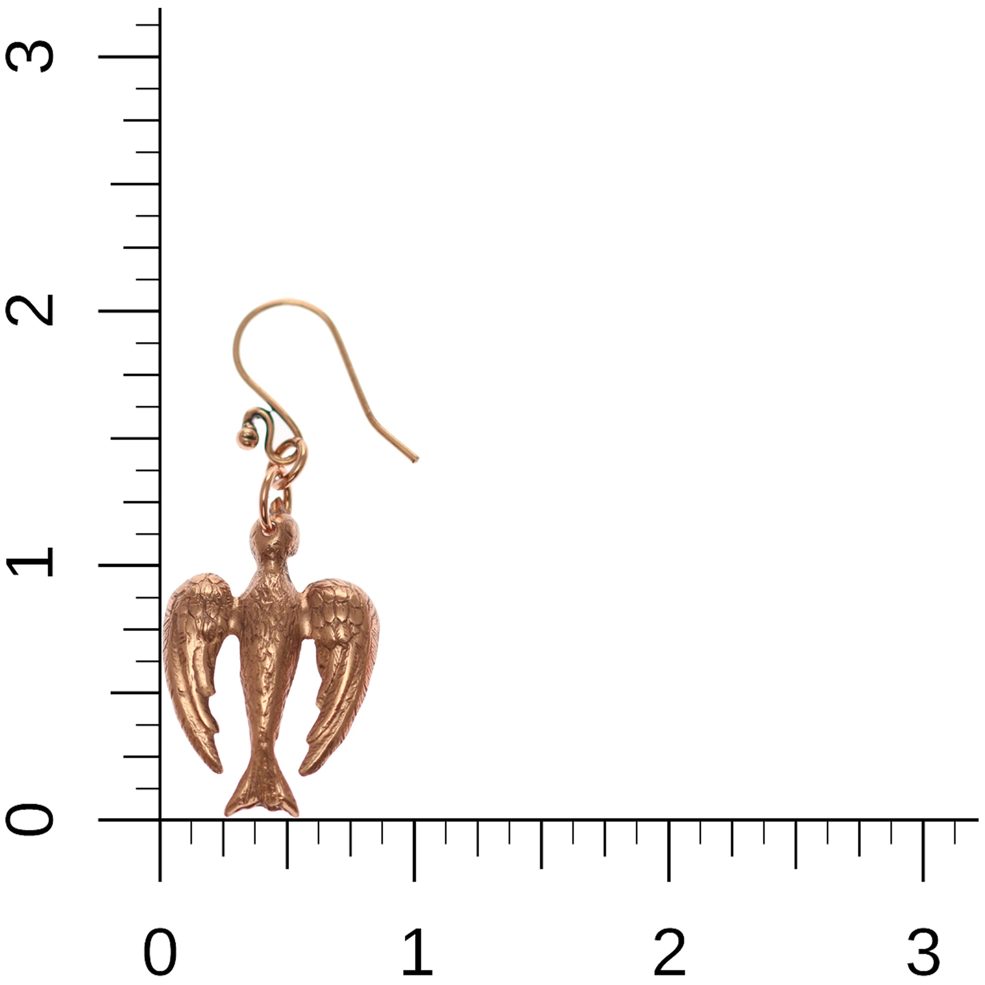 Peace Dove Copper Drop Earrings on Ruler for Size Dimensions