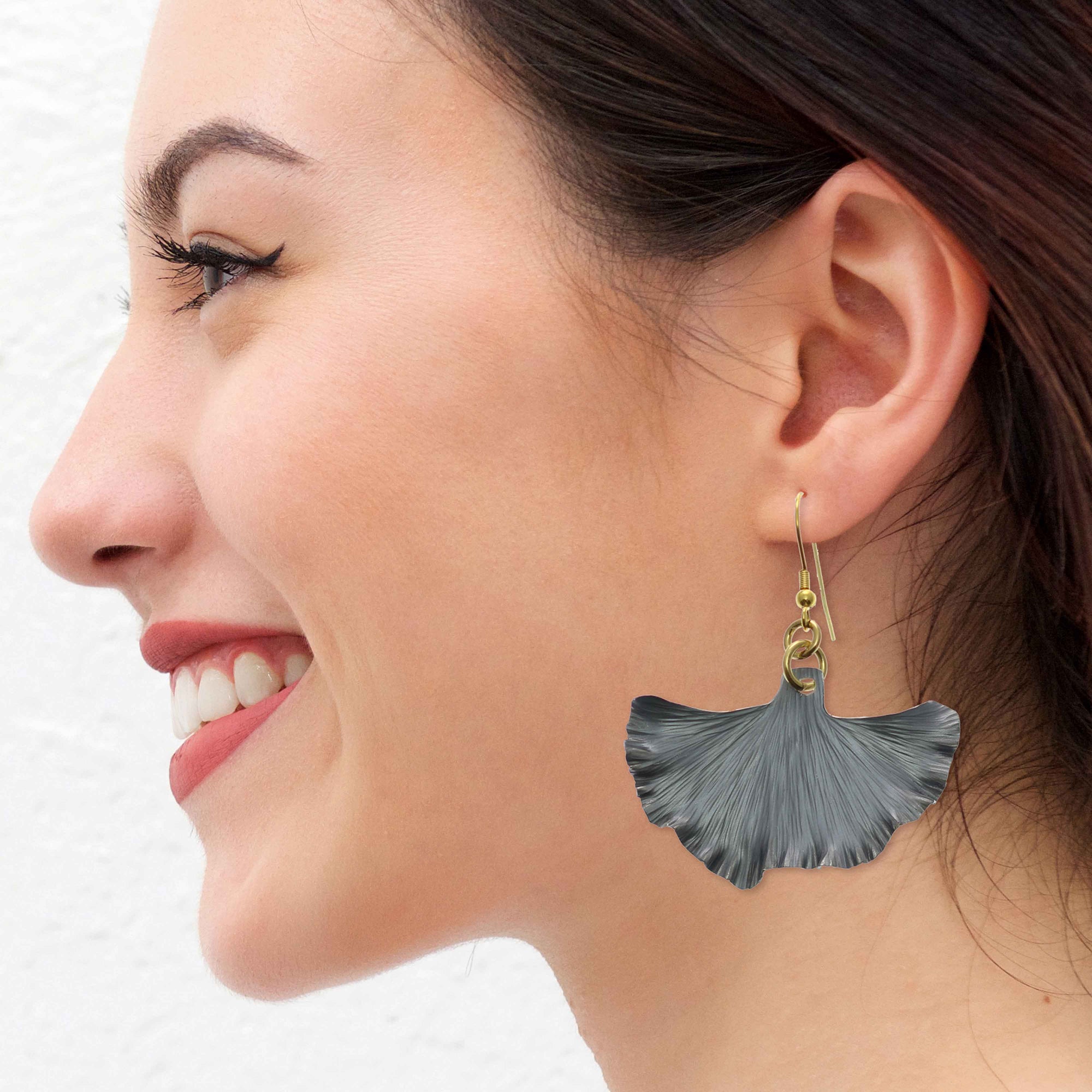 Fashionable Woman Wearing Pewter Gray Anodized Aluminum Medium Ginkgo Leaf Earrings