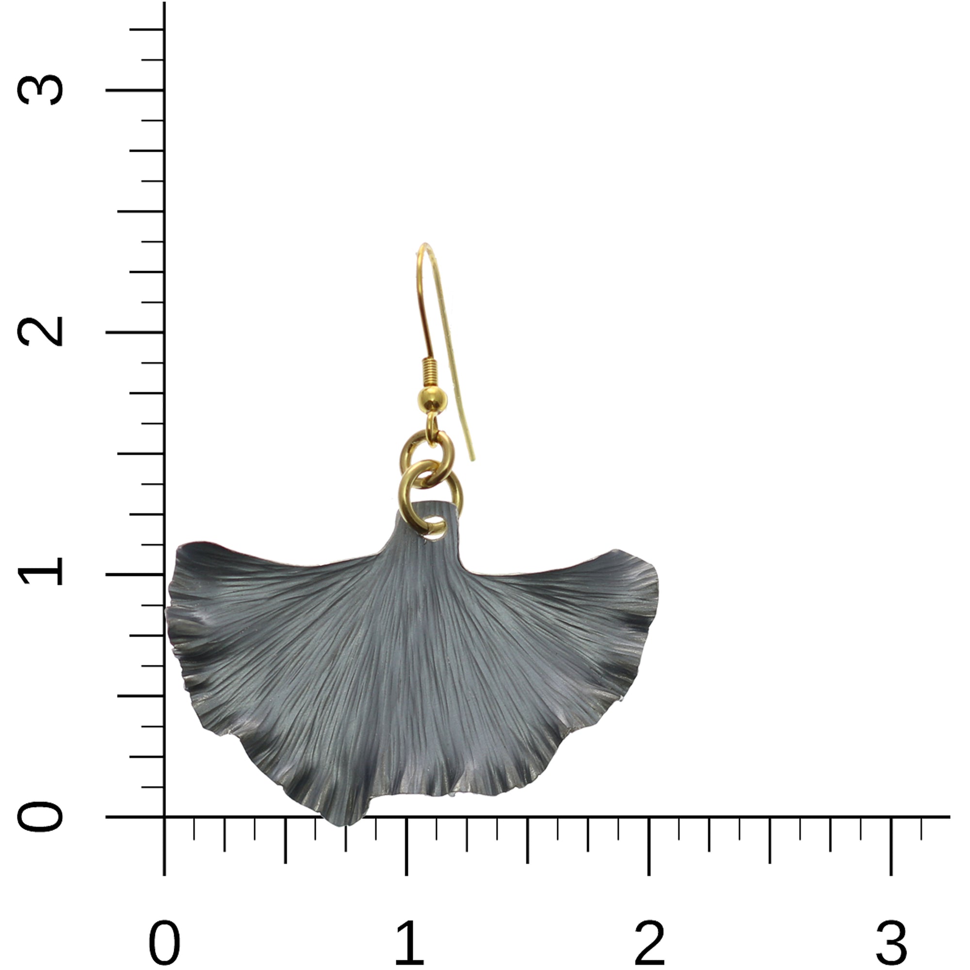 Pewter Gray Anodized Aluminum Medium Ginkgo Leaf Earrings on Rule for Size Dimensions