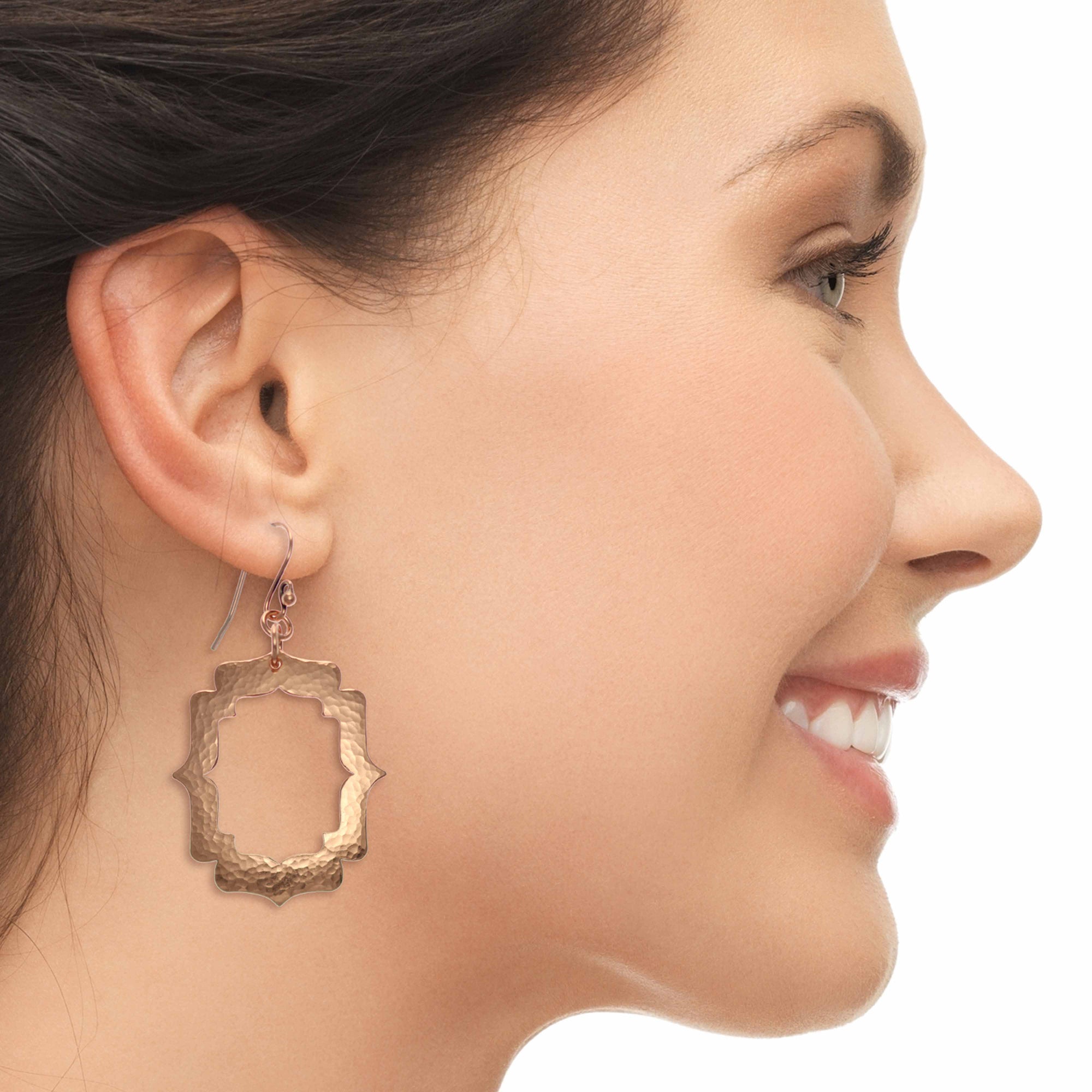 Stylish Woman With Pierced Hammered Copper Arabesque Shield Earrings