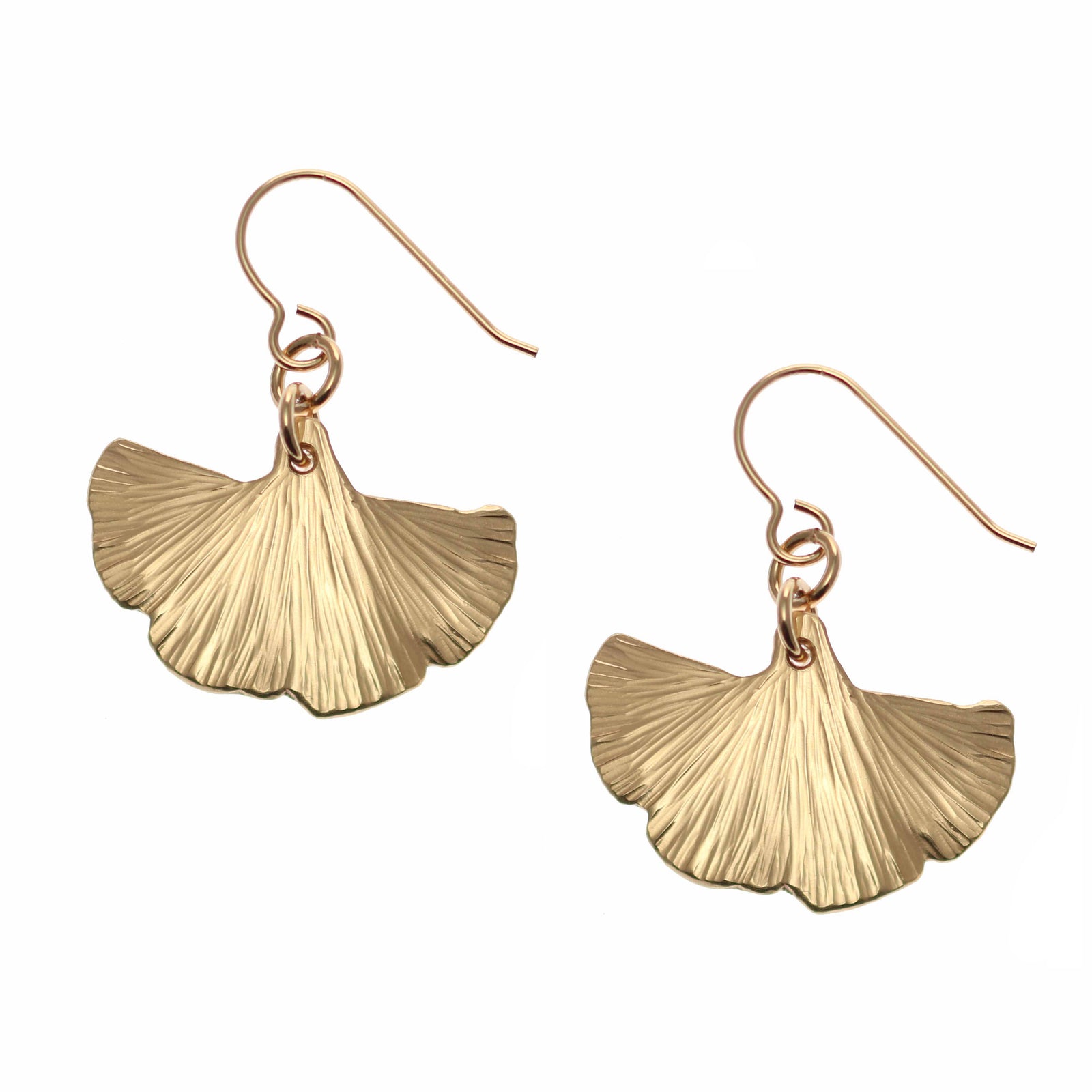 A Pair of Small Bronze Ginkgo Leaf Earrings on a White Background