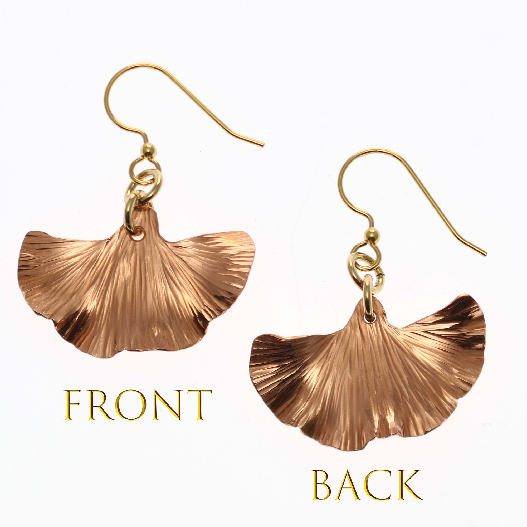 Small Copper Ginkgo Leaf Earrings - Front and Back View