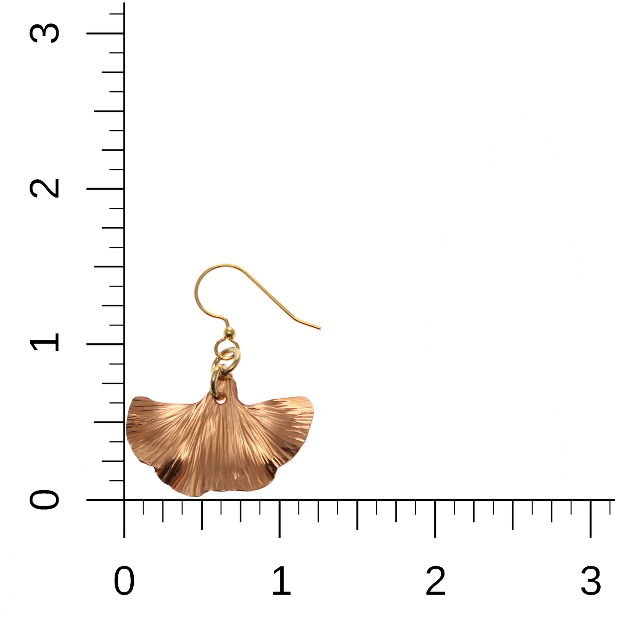 Small Copper Ginkgo Leaf Earrings on Ruler for Size Dimensions