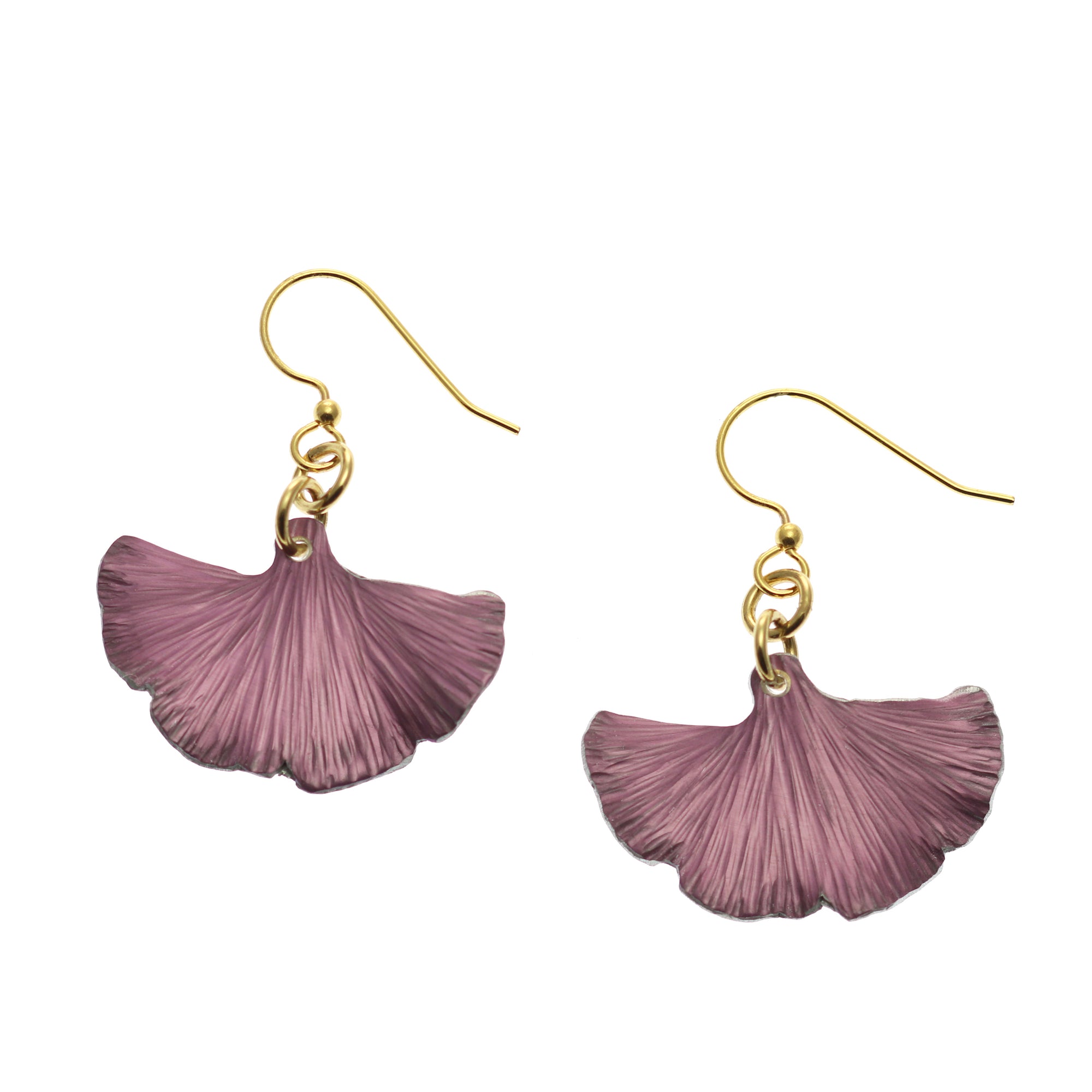 A Pair of Small Mauve Ginkgo Leaf Anodized Aluminum Purple Earrings on a White Background