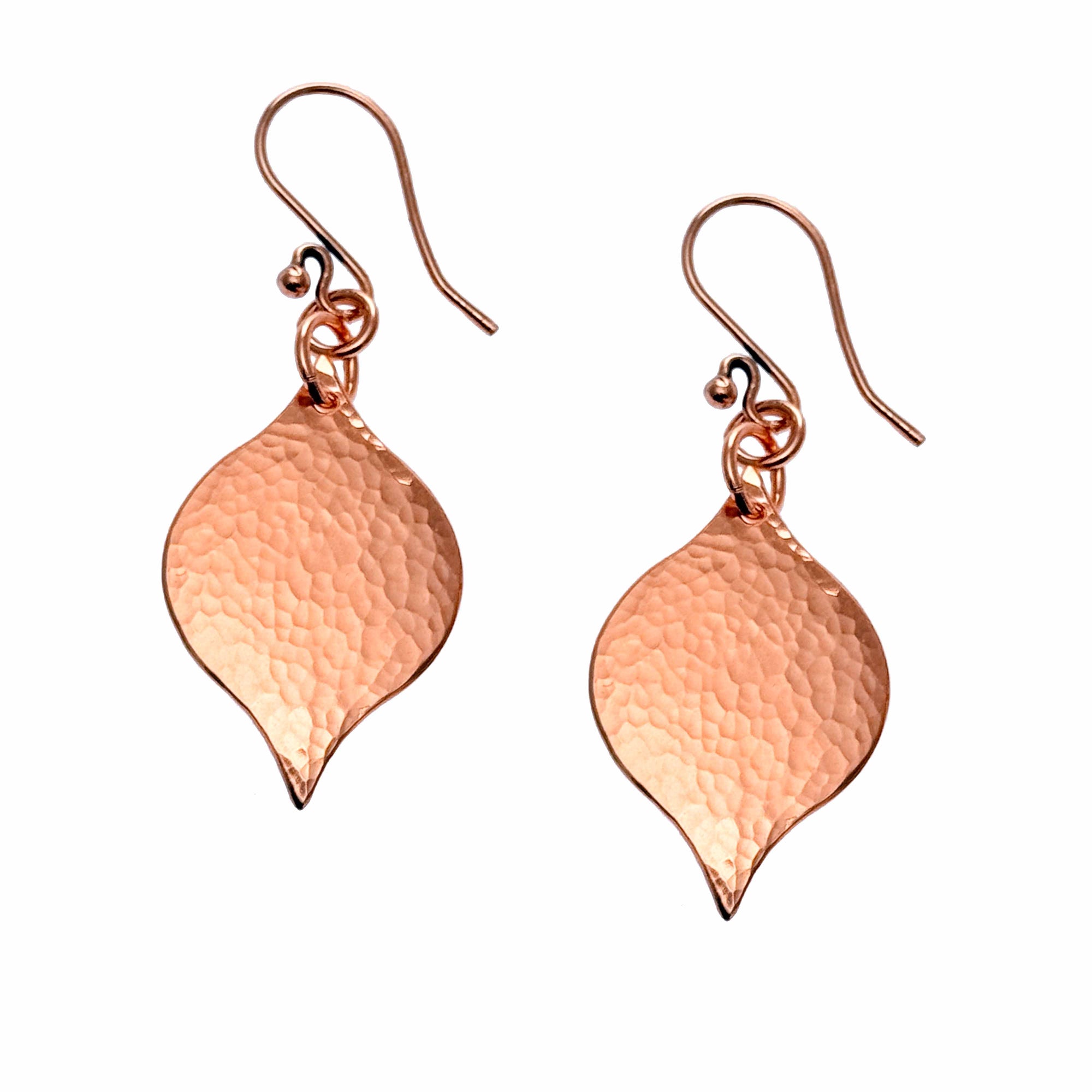 A Pair of Small Hammered Copper Marrakesh Drop Earrings on a White Background