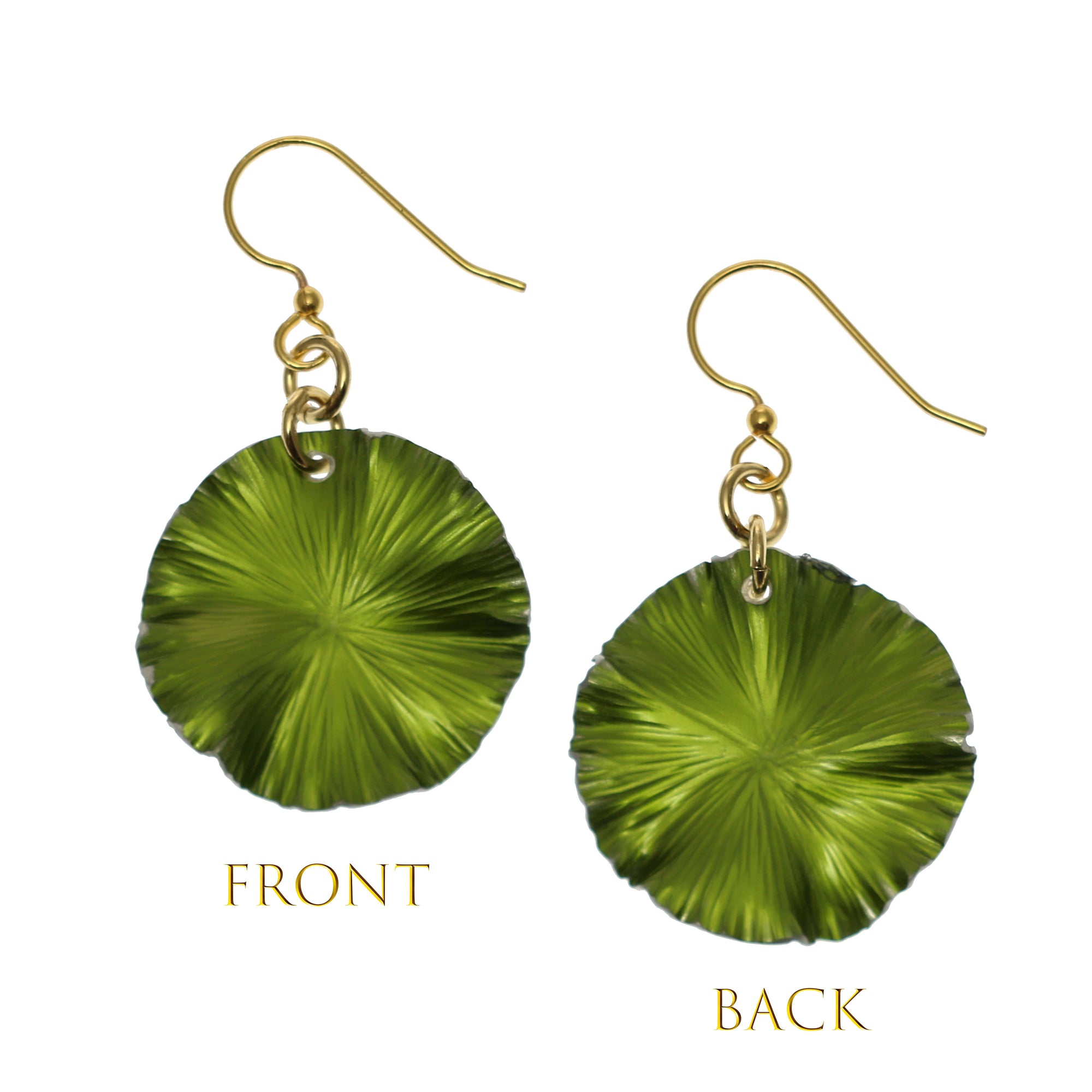 Small Lime Green Anodized Aluminum Lily Pad Leaf Drop Earrings Front and Back Views