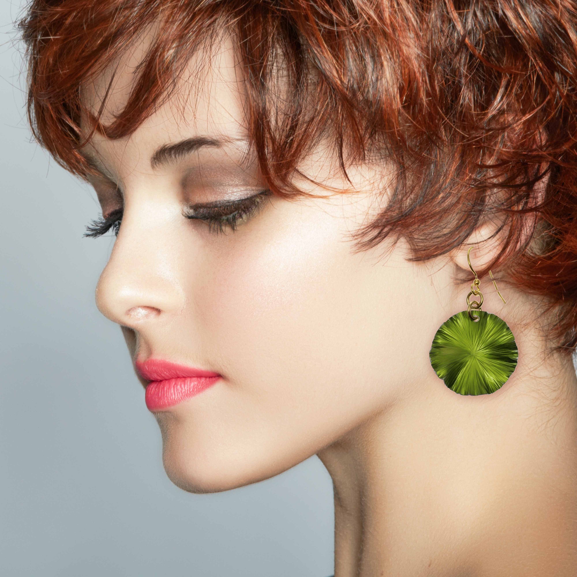 Stunning Red Haired Woman Wearing Small Lime Green Anodized Aluminum Lily Pad Leaf Drop Earrings