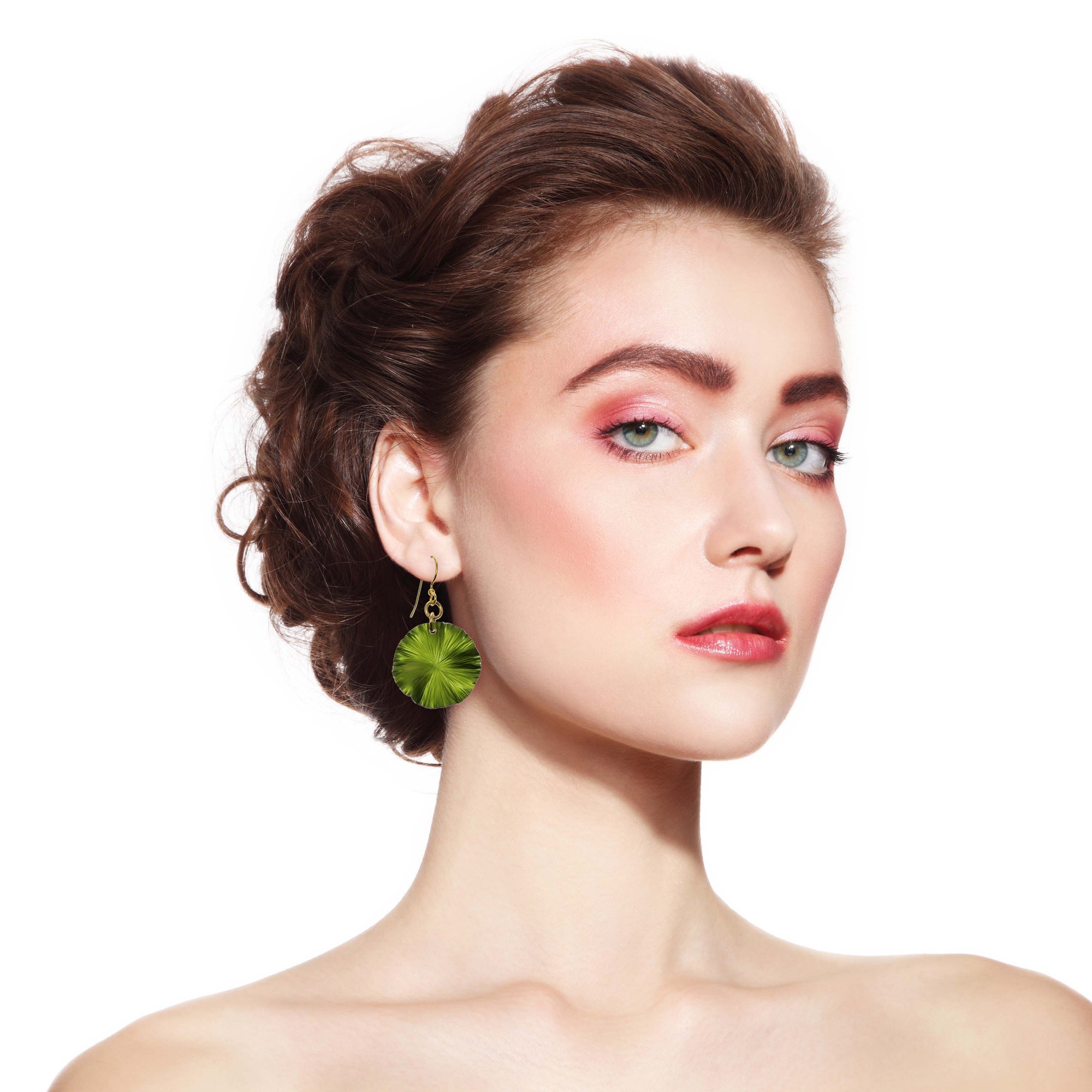 Elegant Woman Wearing Small Lime Green Anodized Aluminum Lily Pad Leaf Drop Earrings