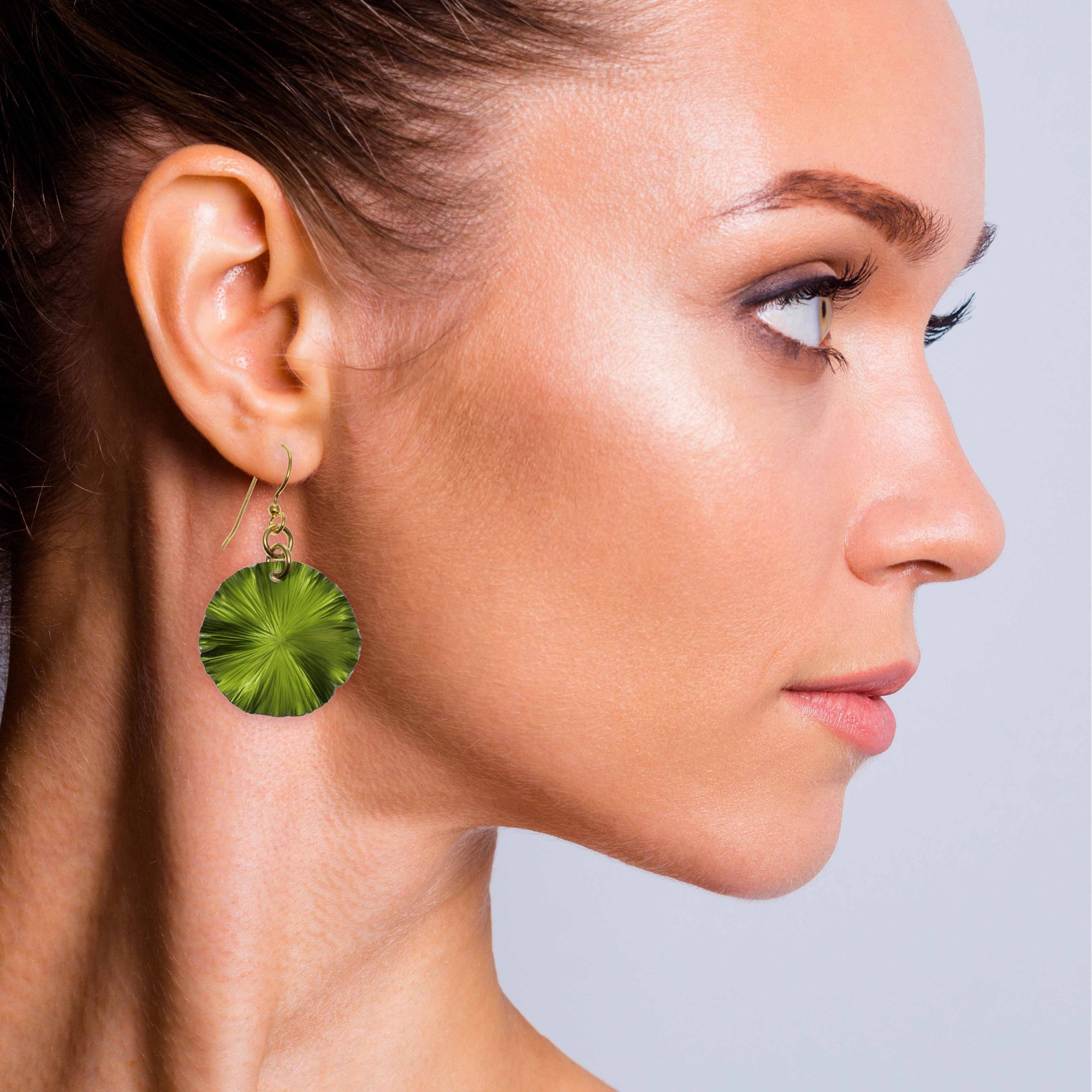 Fashionable Woman Wearing Small Lime Green Anodized Aluminum Lily Pad Leaf Drop Earrings