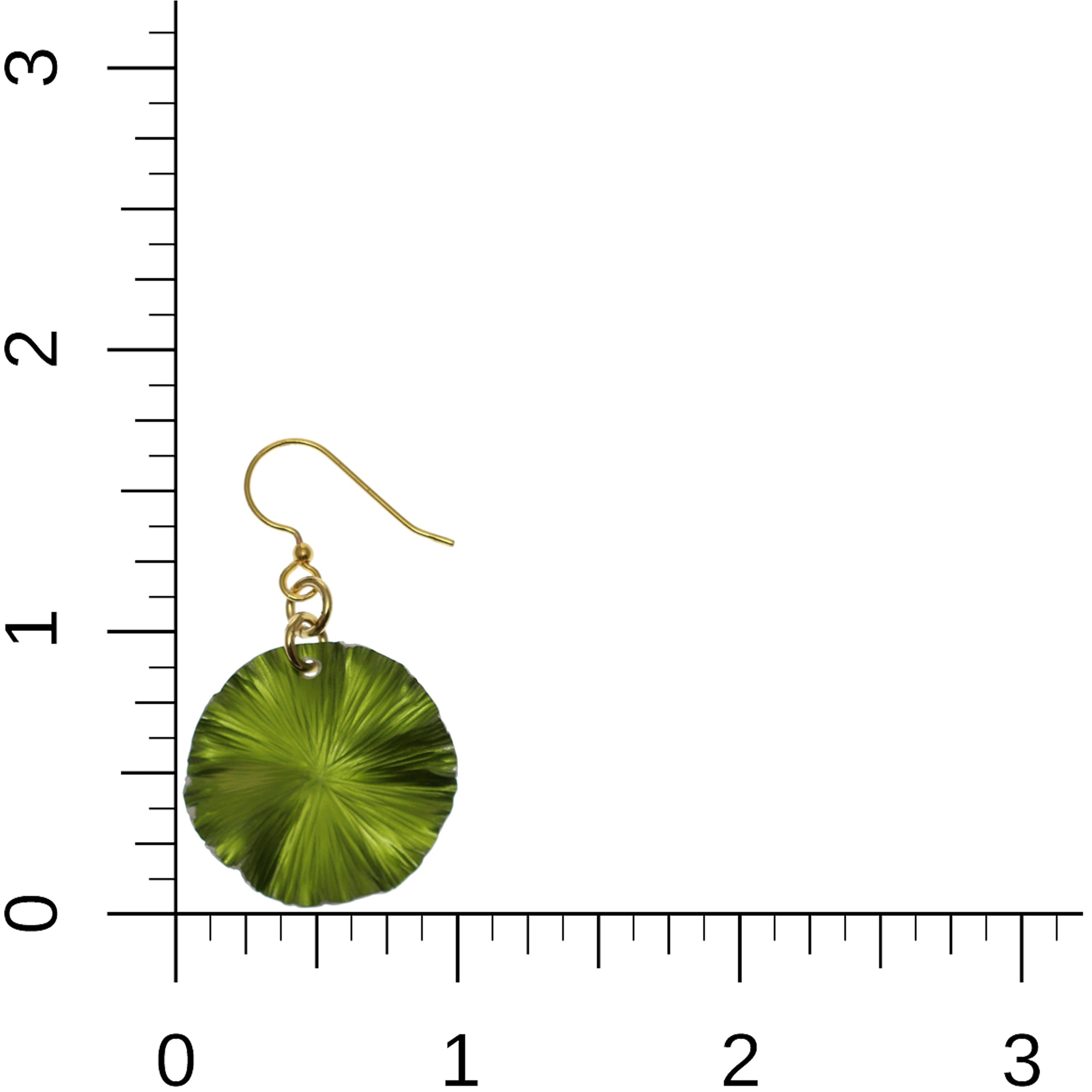 Small Lime Green Anodized Aluminum Lily Pad Leaf Drop Earrings on Ruler for Size Dimensions