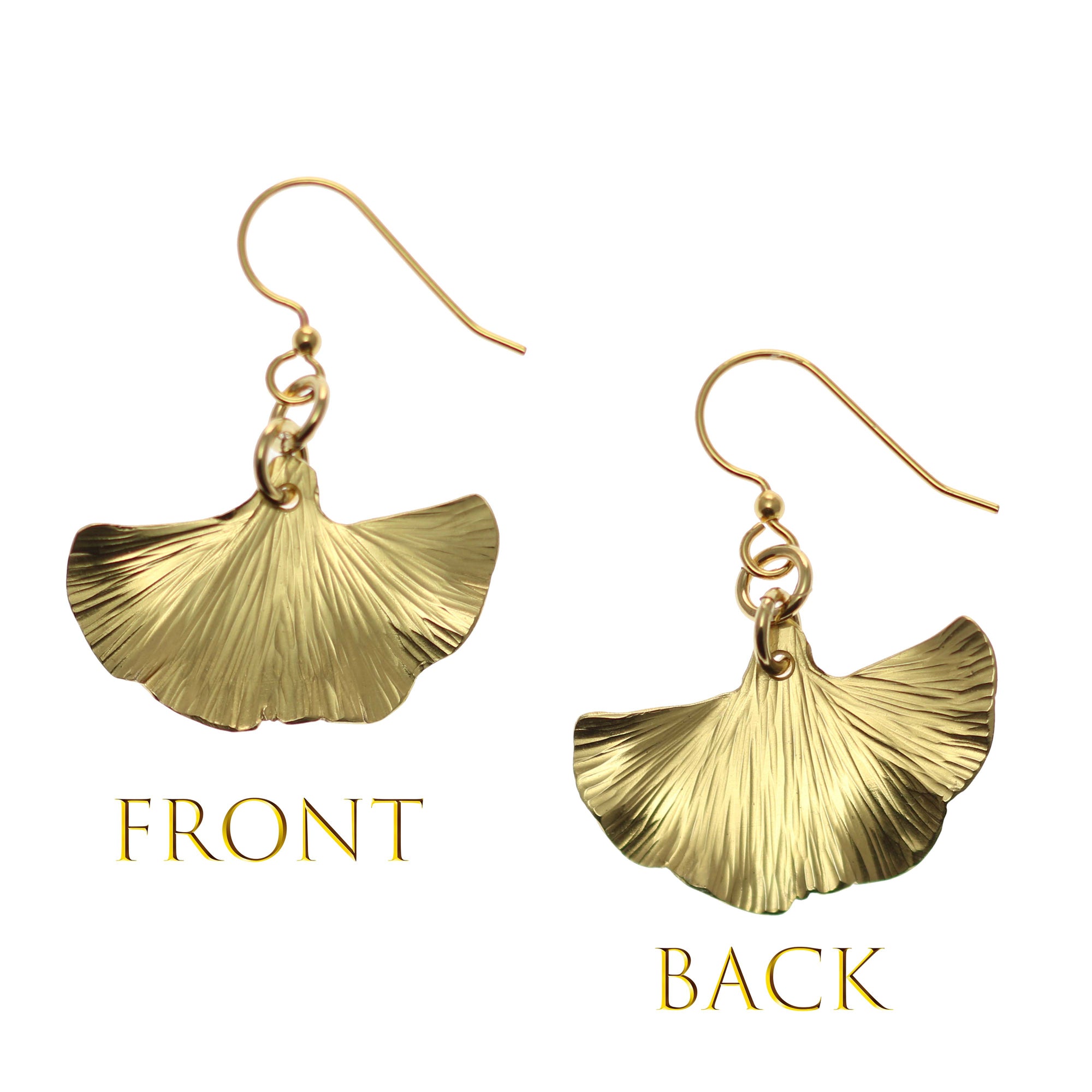 Small Nu Gold Brass Ginkgo Leaf Earrings - Front and Back View