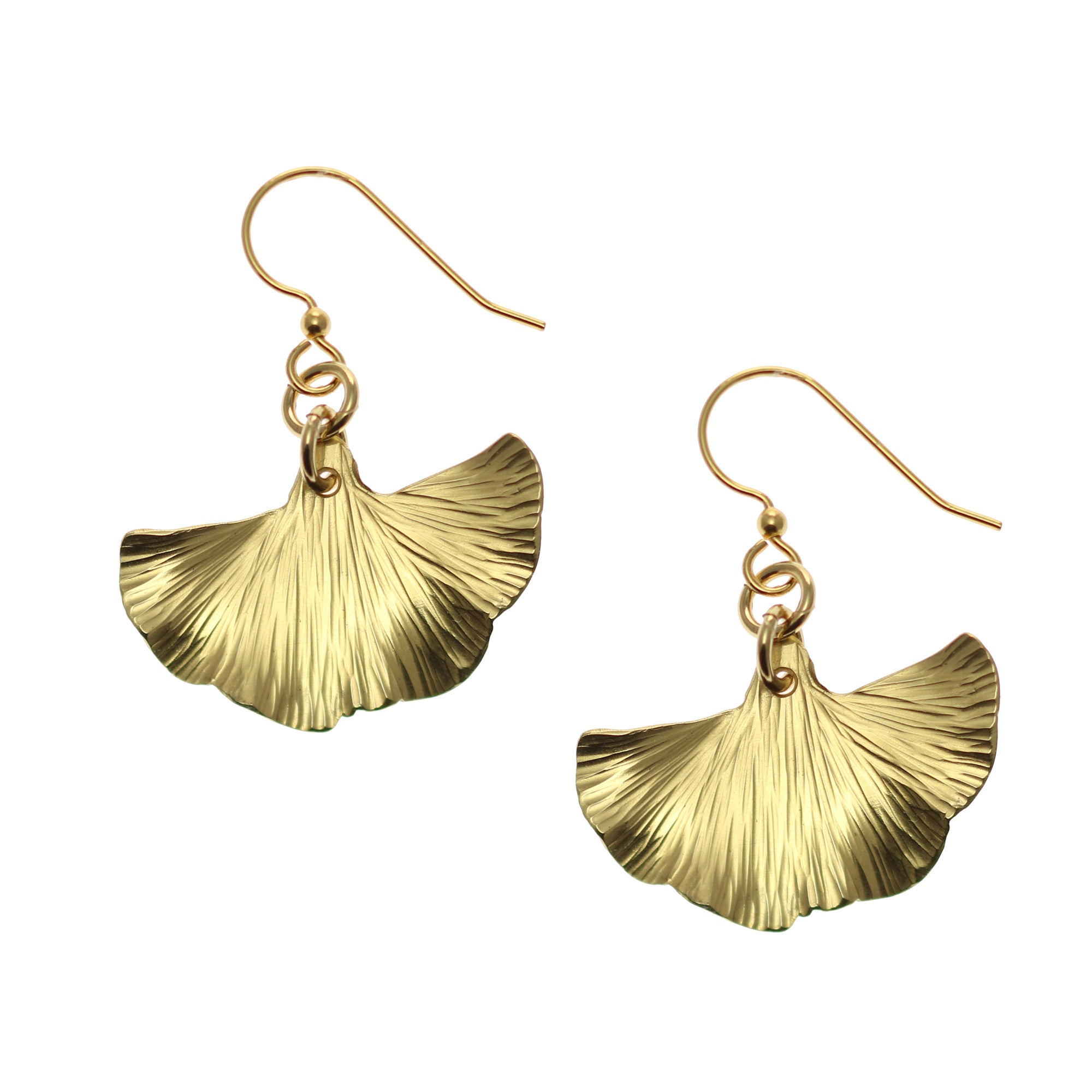 A Pair of Small Nu Gold Brass Ginkgo Leaf Earrings on a White Background