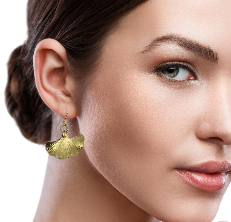 Elegant Woman Wearing Small Nu Gold Brass Ginkgo Leaf Earrings