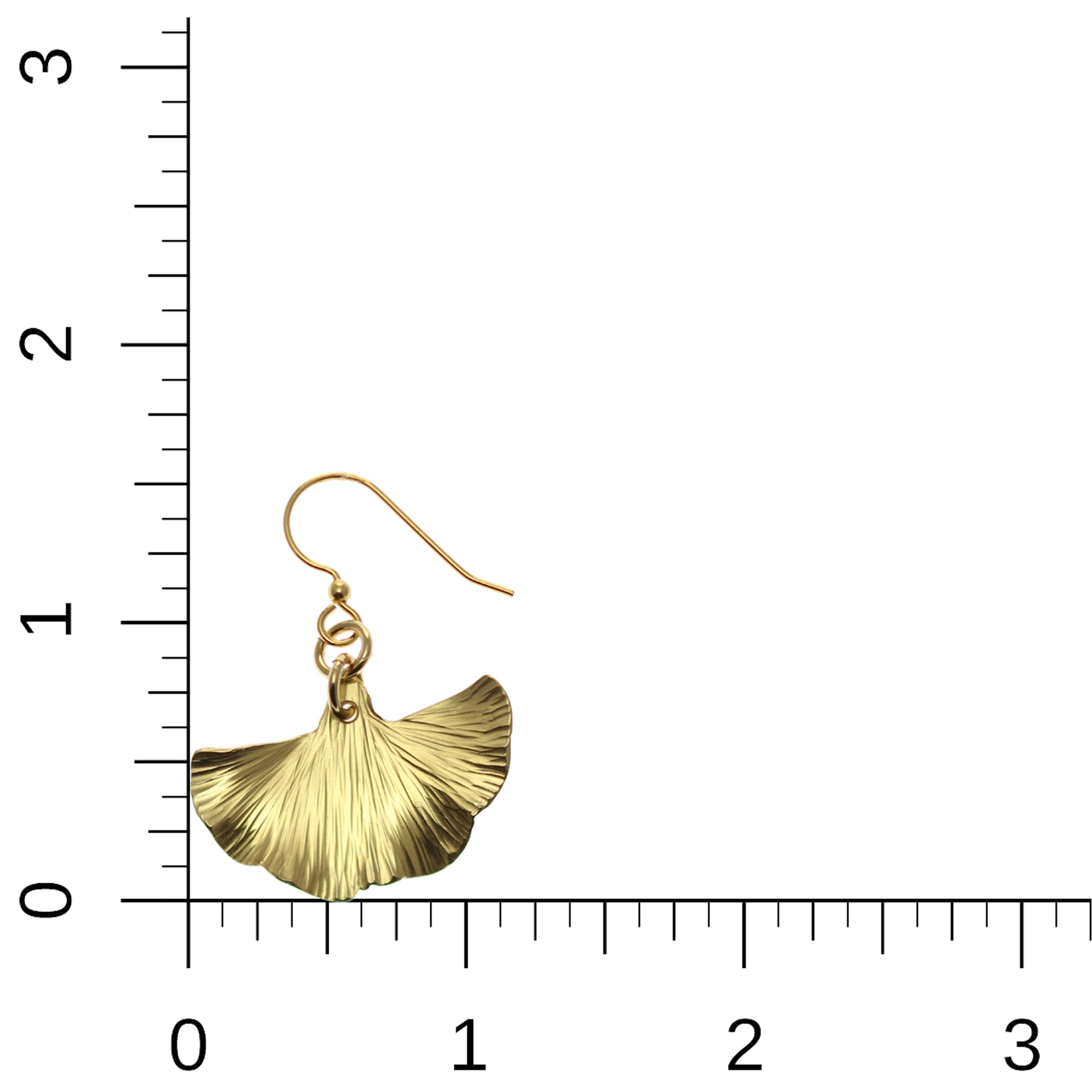 Small Nu Gold Brass Ginkgo Leaf Earrings on Ruler for Size Dimensions