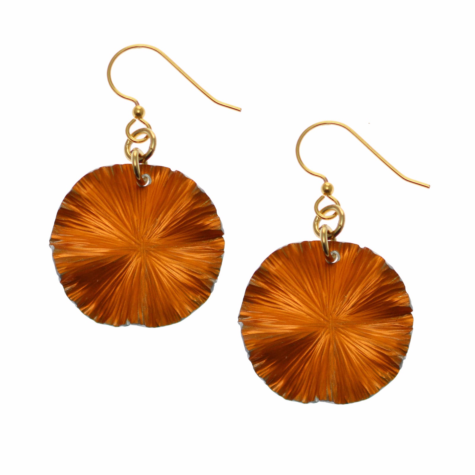 A Pair of Small Orange Anodized Aluminum Lily Pad Earrings on a White Background