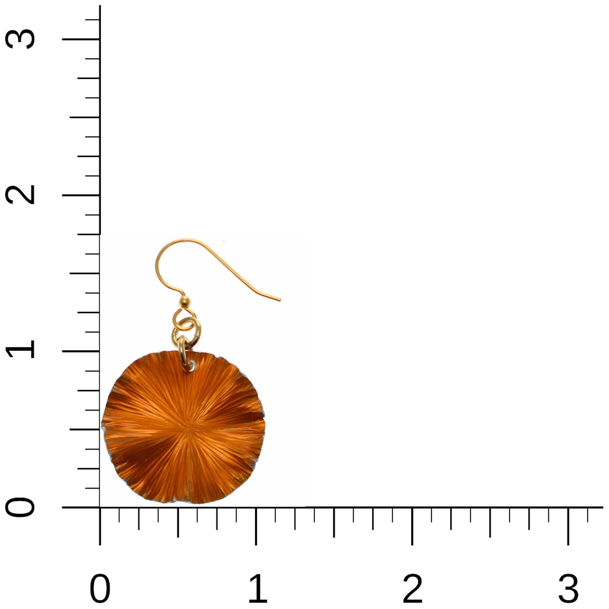 Small Orange Anodized Aluminum Lily Pad Earrings on Ruler for Size Dimensions