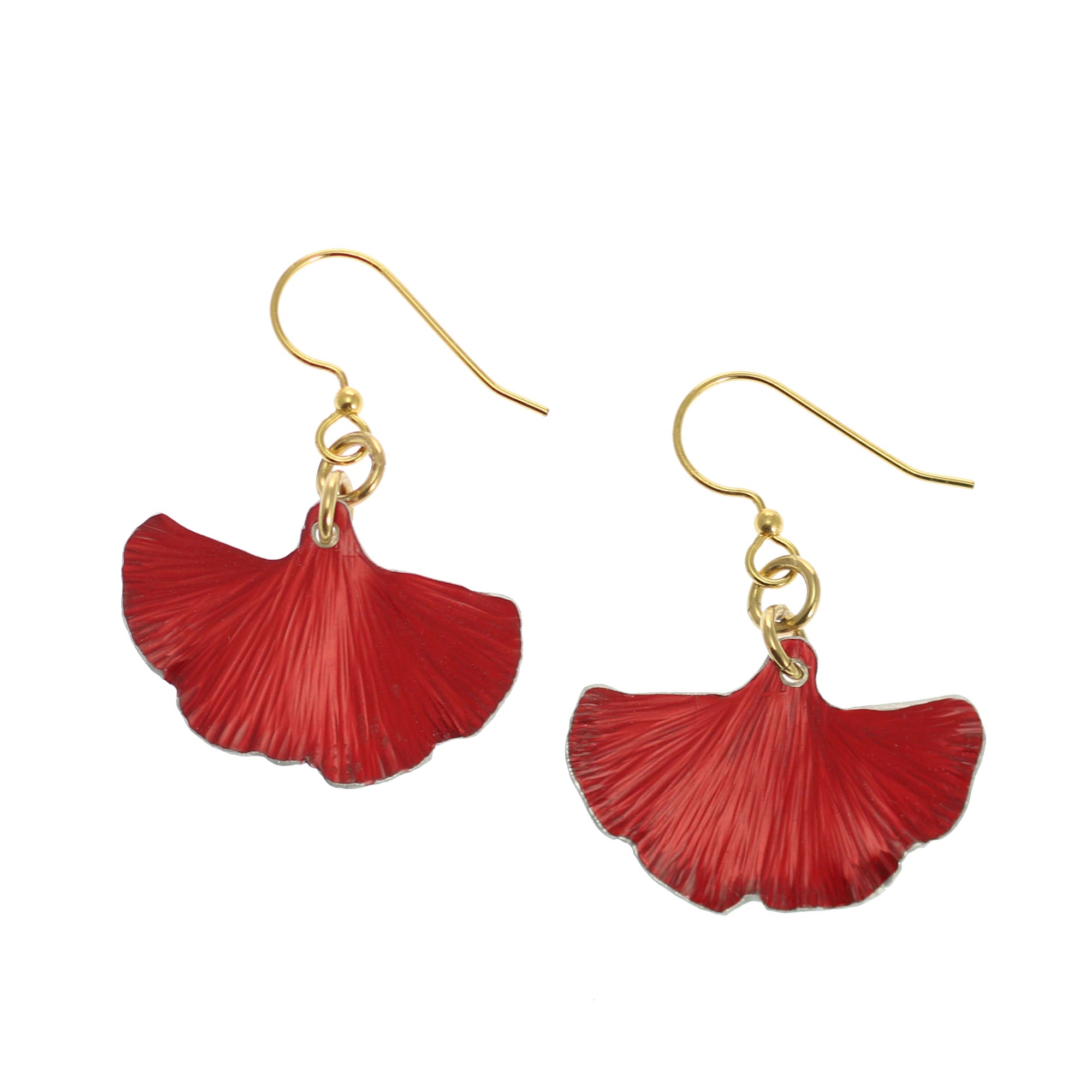 A Pair of Small Red Ginkgo Leaf Anodized Aluminum Earrings on a White Background