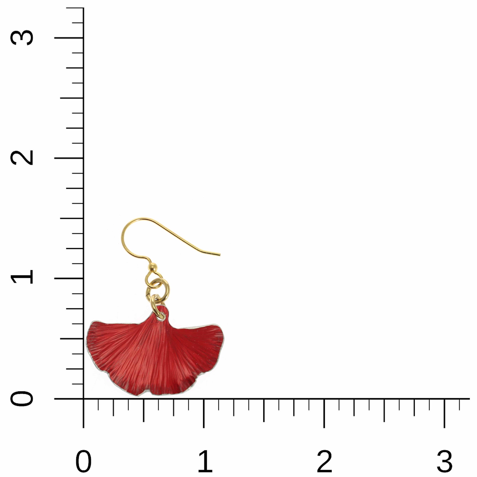 Small Red Ginkgo Leaf Anodized Aluminum Earrings on a Ruler for Size Dimensions