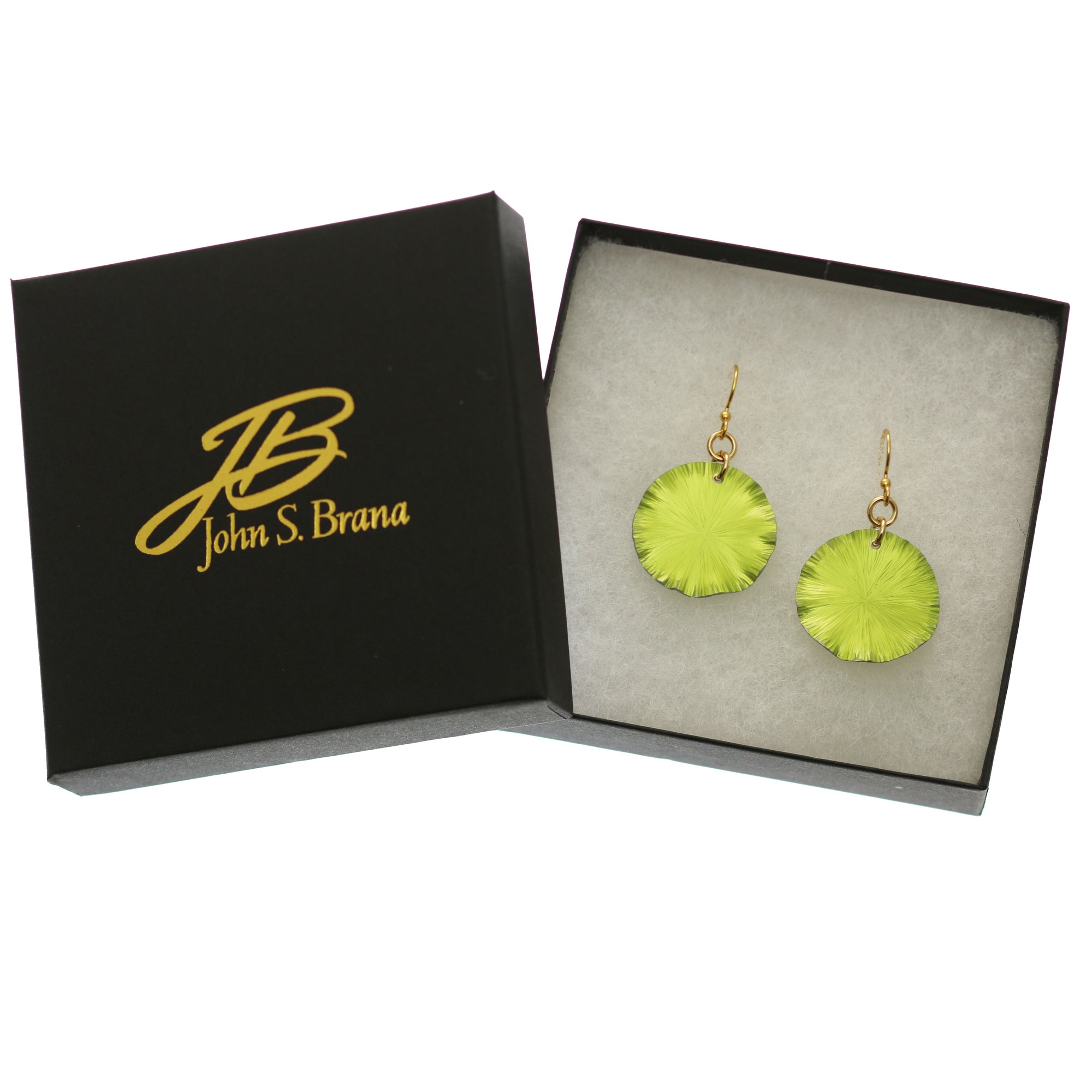 Small Sour Candy Apple Anodized Lily Pad Leaf Drop Earrings in Black Gift Box with Gold Logo