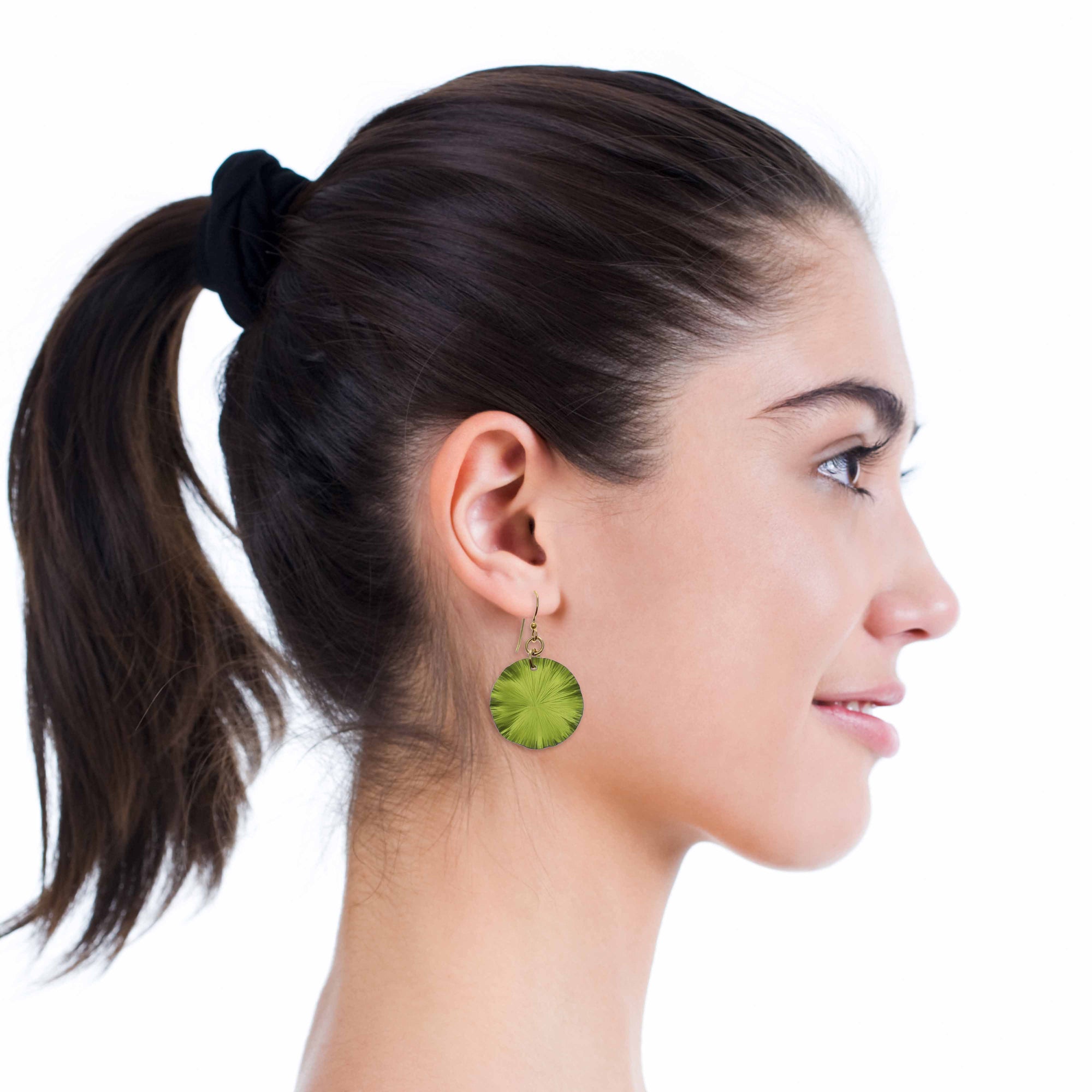 Fashionable Woman Wearing Small Sour Candy Apple Anodized Lily Pad Leaf Drop Earrings