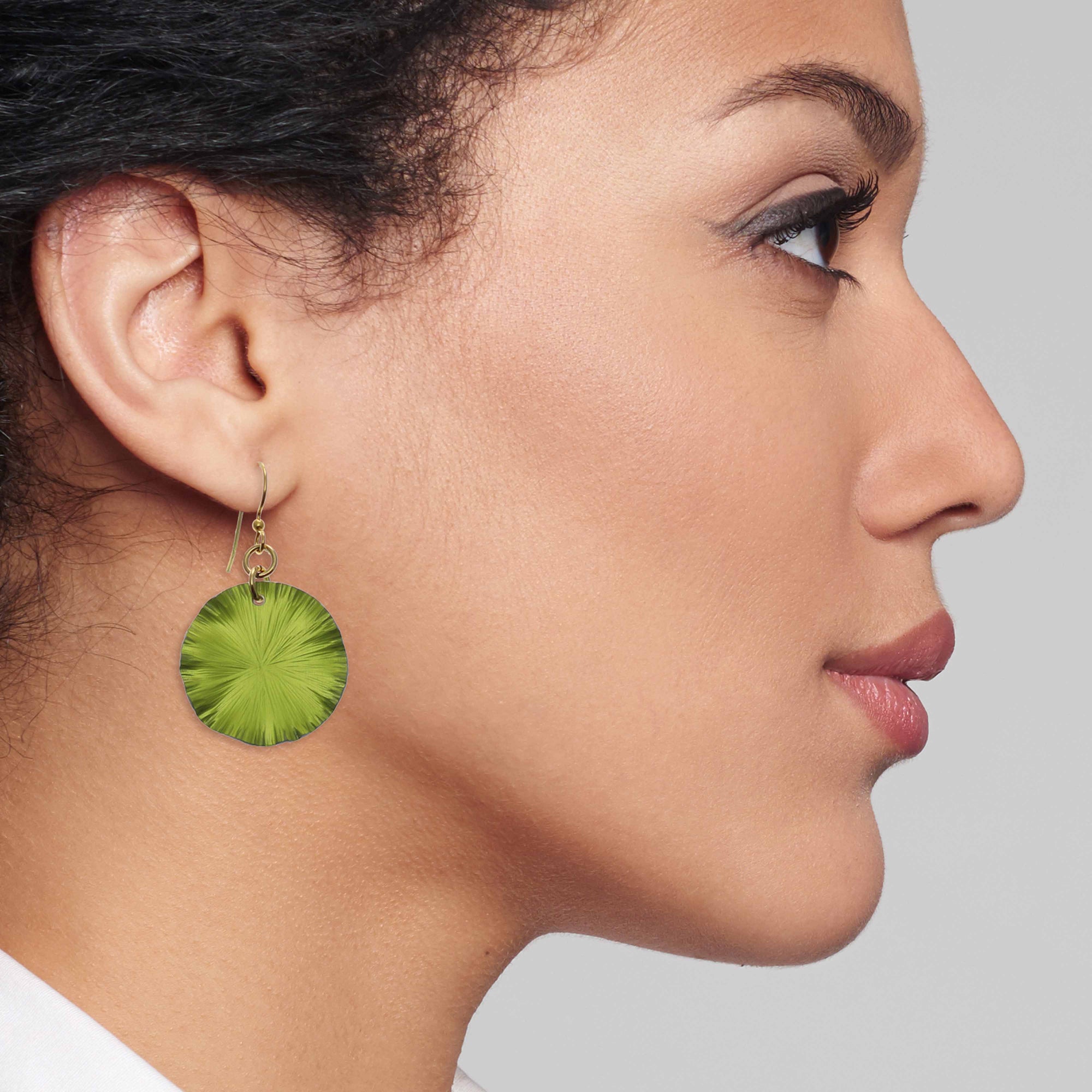 Stunning Woman Wearing Small Sour Candy Apple Anodized Lily Pad Leaf Drop Earrings