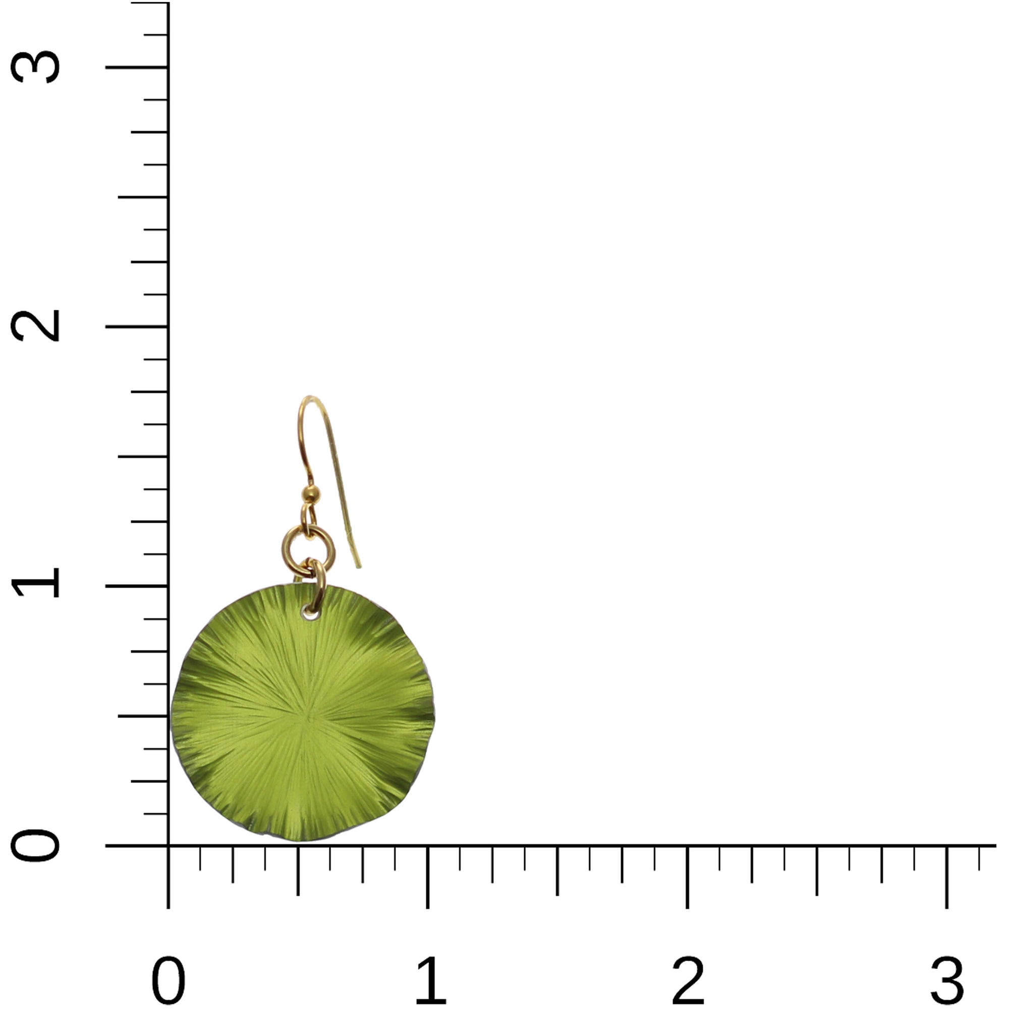 Small Sour Candy Apple Anodized Lily Pad Leaf Drop Earrings on Ruler for Size Dimensions