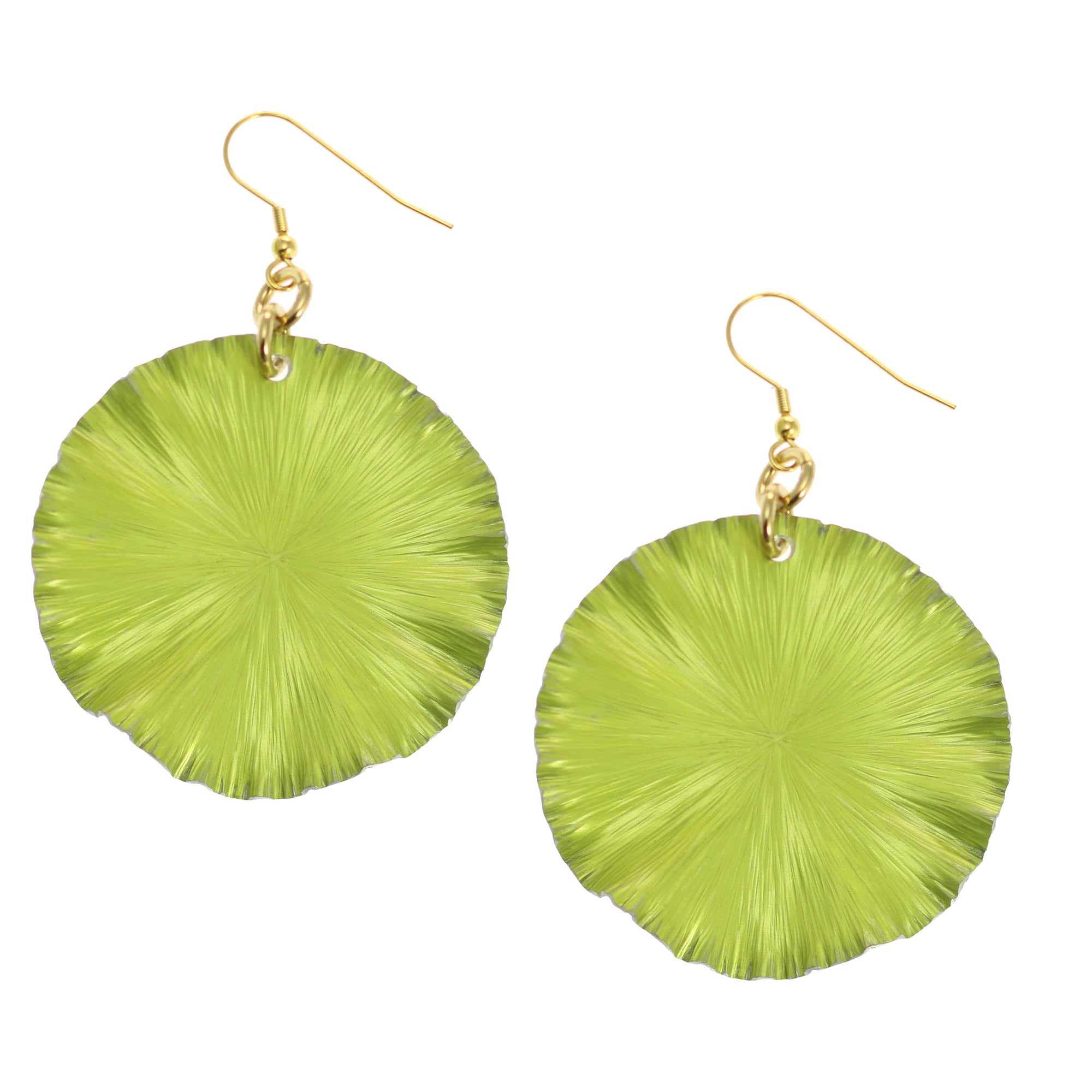 A Pair of Sour Candy Apple Anodized Aluminum Large Lily Pad Earrings on a White Background